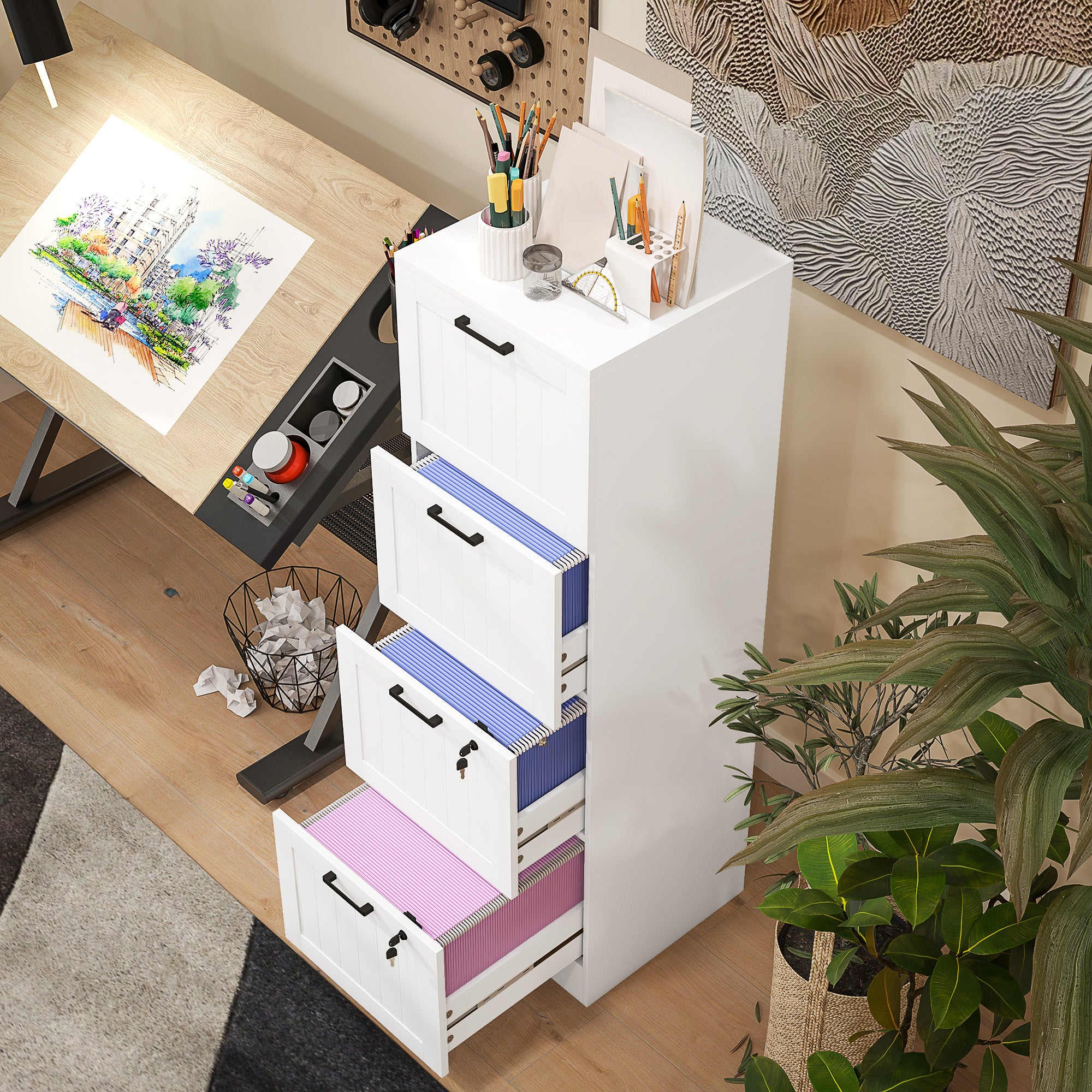 HOMCOM 4 Drawer File Cabinet with Lock, Vertical Filing Cabinet with Adjustable Hanging Bars for A4 and Letter Size File Folders, Printer Stand with Storage, White