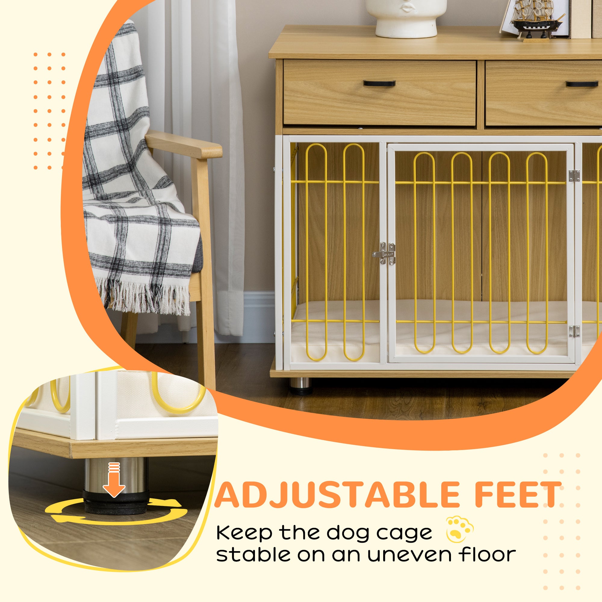 PawHut Dog Crate Furniture with 2 Drawers, Furniture Style Dog Crate End Table Indoor with Soft Cushion, Door for Medium Dogs, Oak