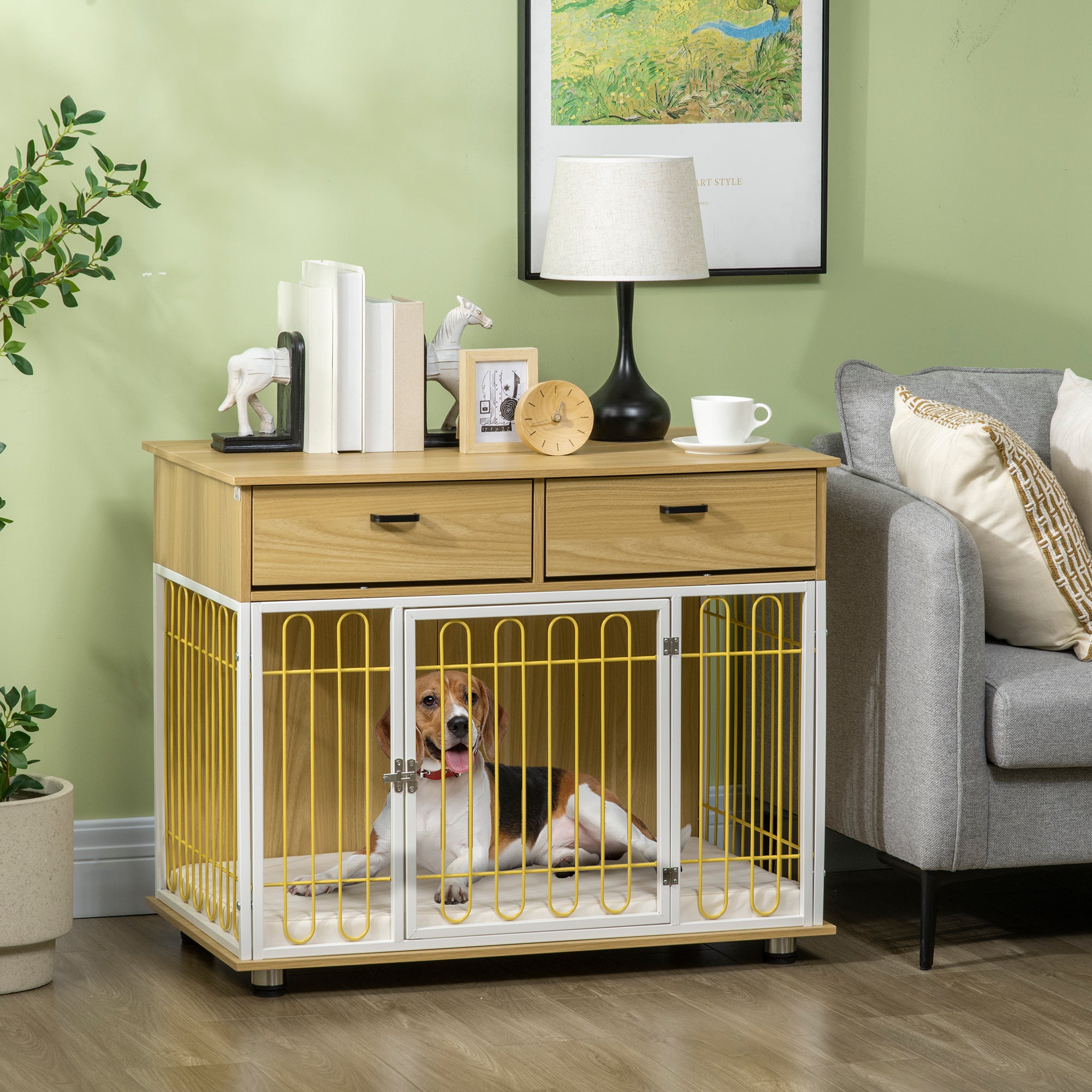 PawHut Dog Crate Furniture with 2 Drawers, Furniture Style Dog Crate End Table Indoor with Soft Cushion, Door for Medium Dogs, Oak