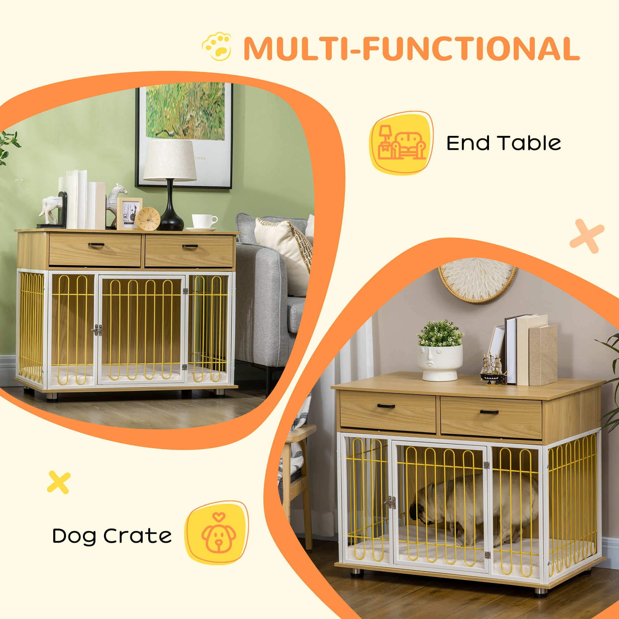 PawHut Dog Crate Furniture with 2 Drawers, Furniture Style Dog Crate End Table Indoor with Soft Cushion, Door for Medium Dogs, Oak