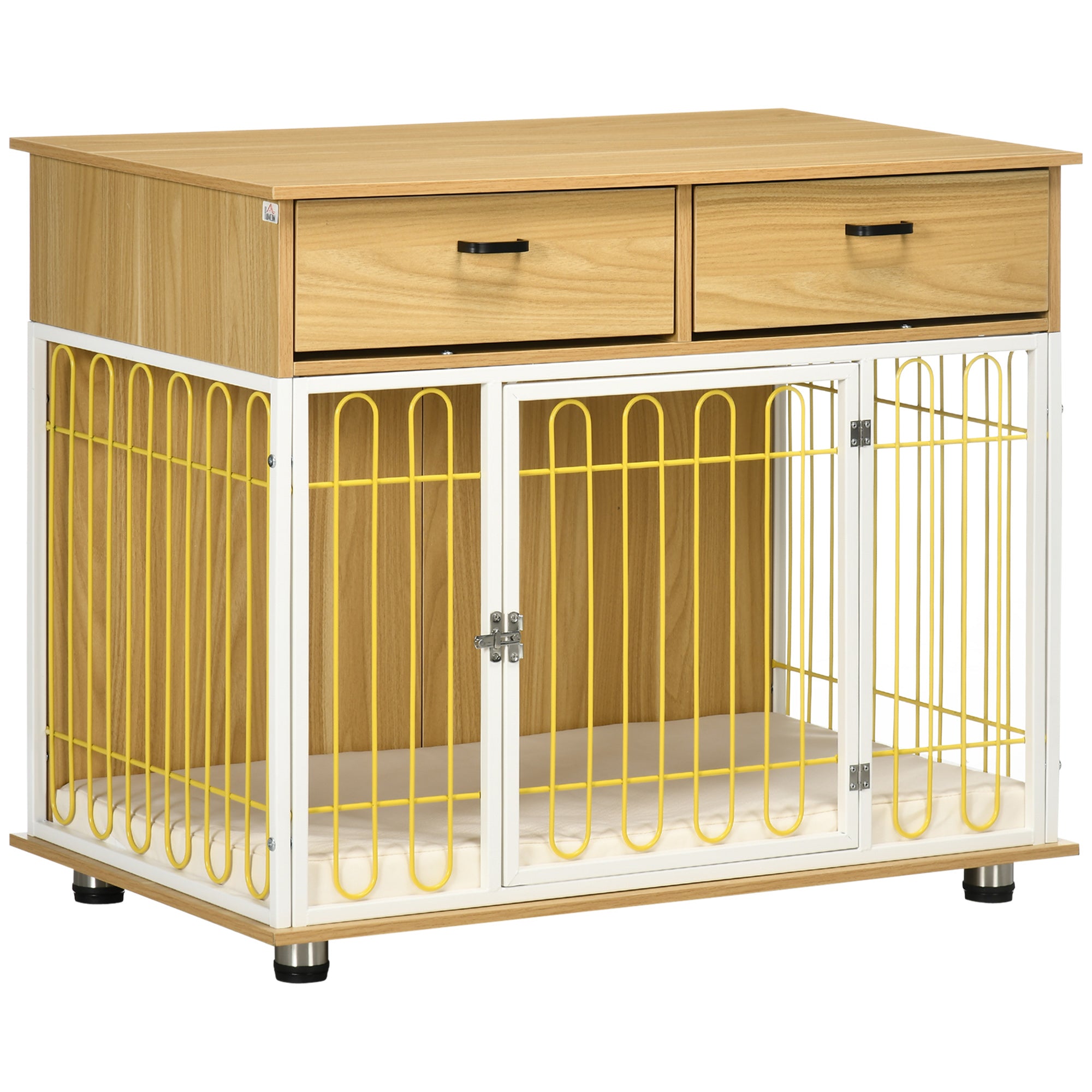 PawHut Dog Crate Furniture with 2 Drawers, Furniture Style Dog Crate End Table Indoor with Soft Cushion, Door for Medium Dogs, Oak