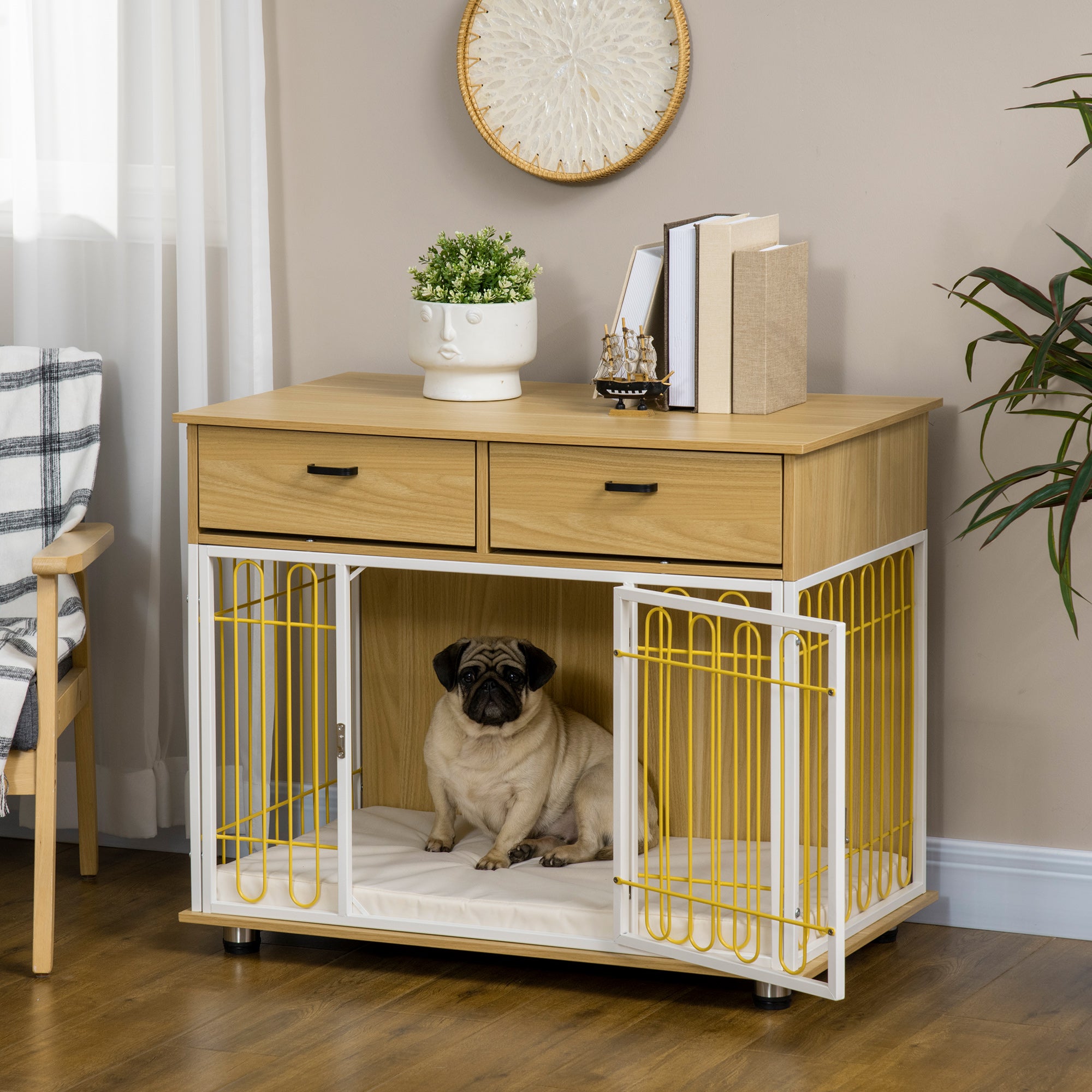 PawHut Dog Crate Furniture with 2 Drawers, Furniture Style Dog Crate End Table Indoor with Soft Cushion, Door for Medium Dogs, Oak