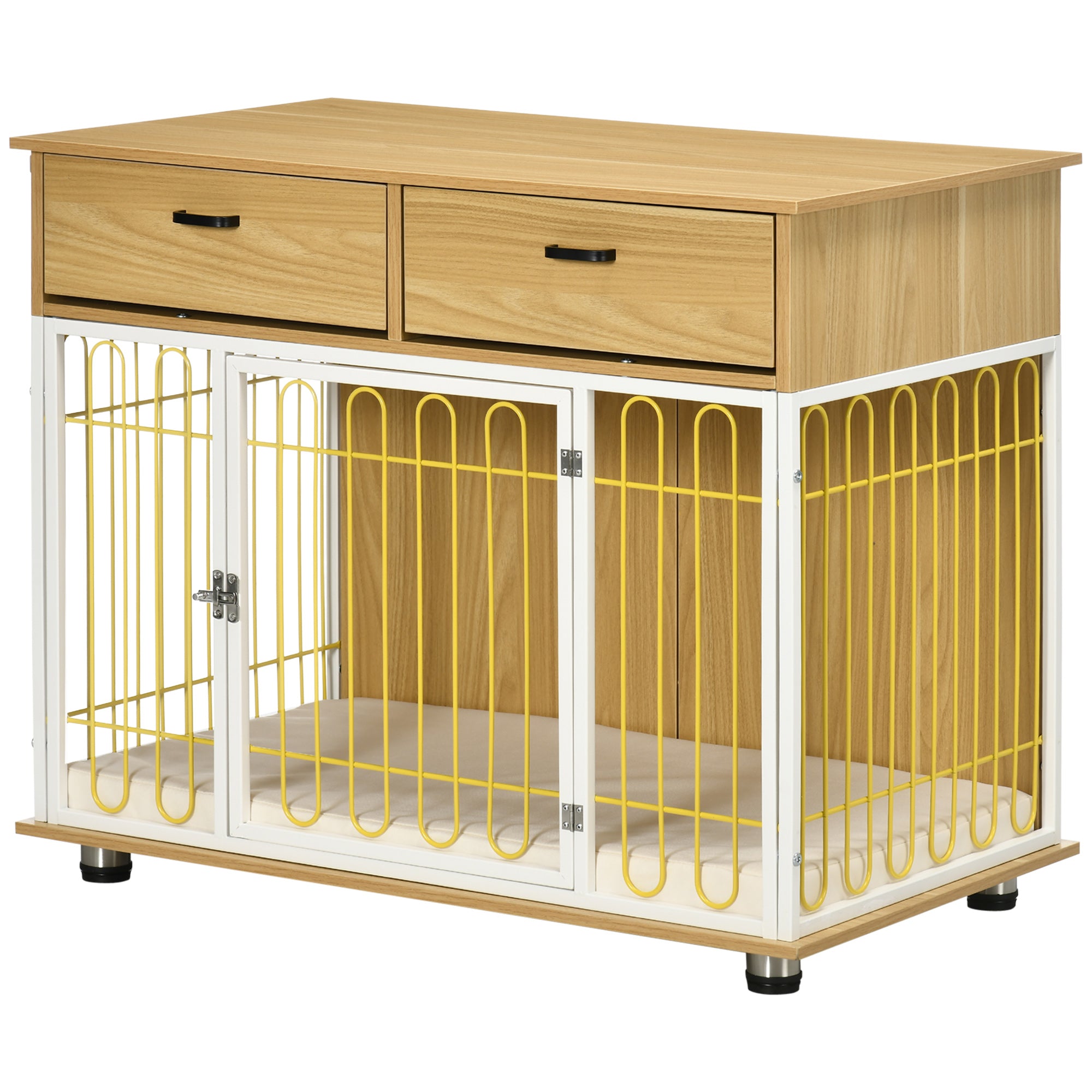 PawHut Dog Crate Furniture with 2 Drawers, Furniture Style Dog Crate End Table Indoor with Soft Cushion, Door for Medium Dogs, Oak