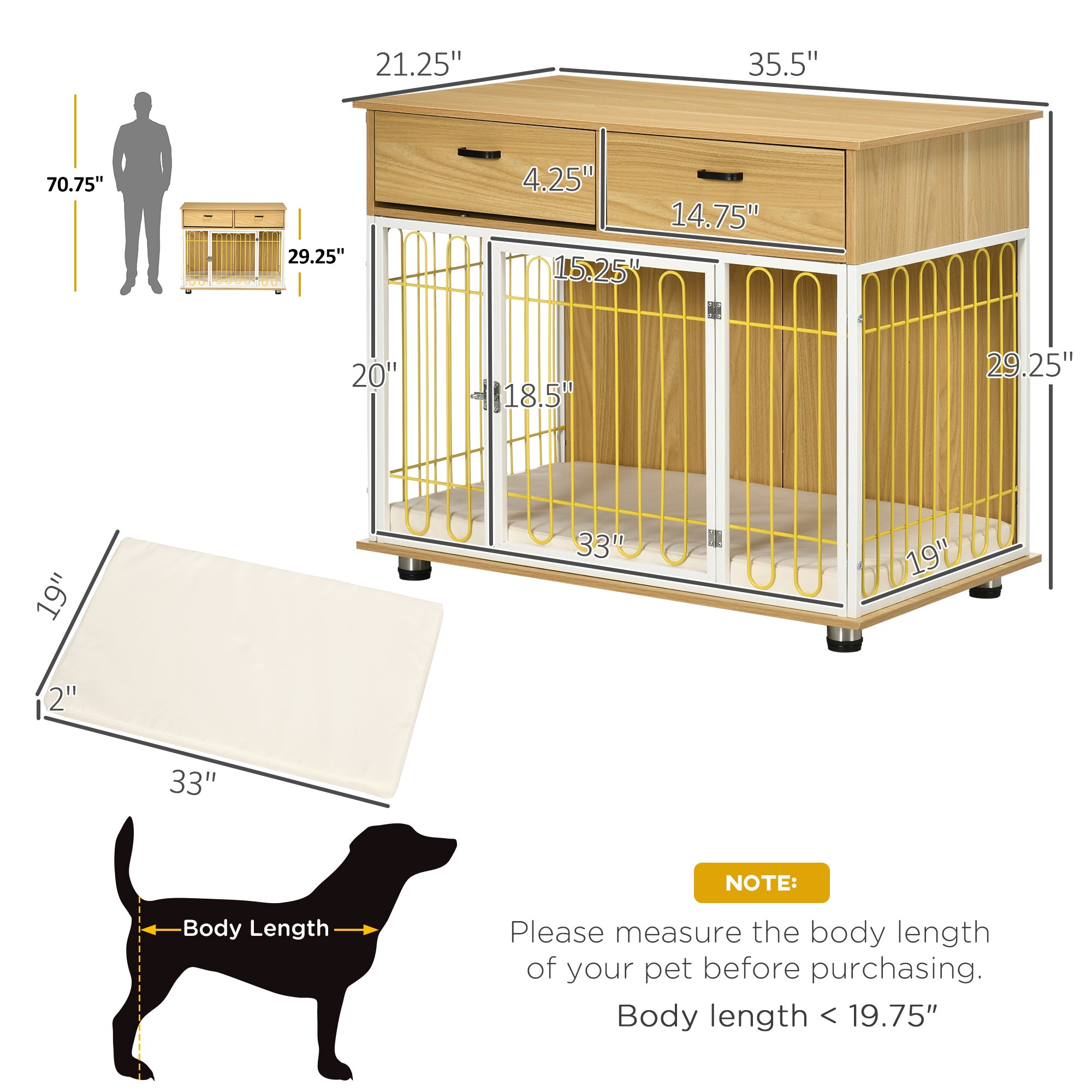 PawHut Dog Crate Furniture with 2 Drawers, Furniture Style Dog Crate End Table Indoor with Soft Cushion, Door for Medium Dogs, Oak