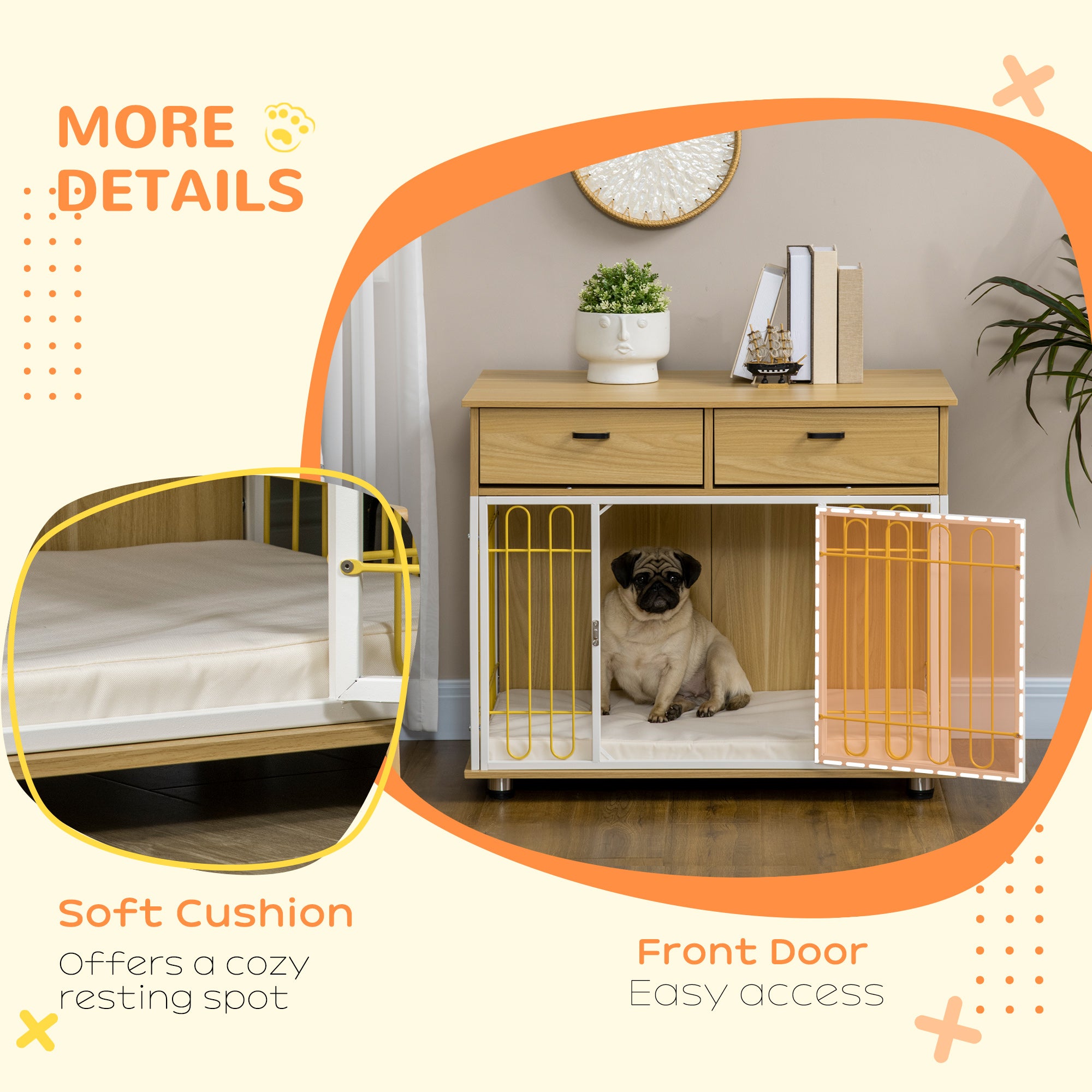 PawHut Dog Crate Furniture with 2 Drawers, Furniture Style Dog Crate End Table Indoor with Soft Cushion, Door for Medium Dogs, Oak