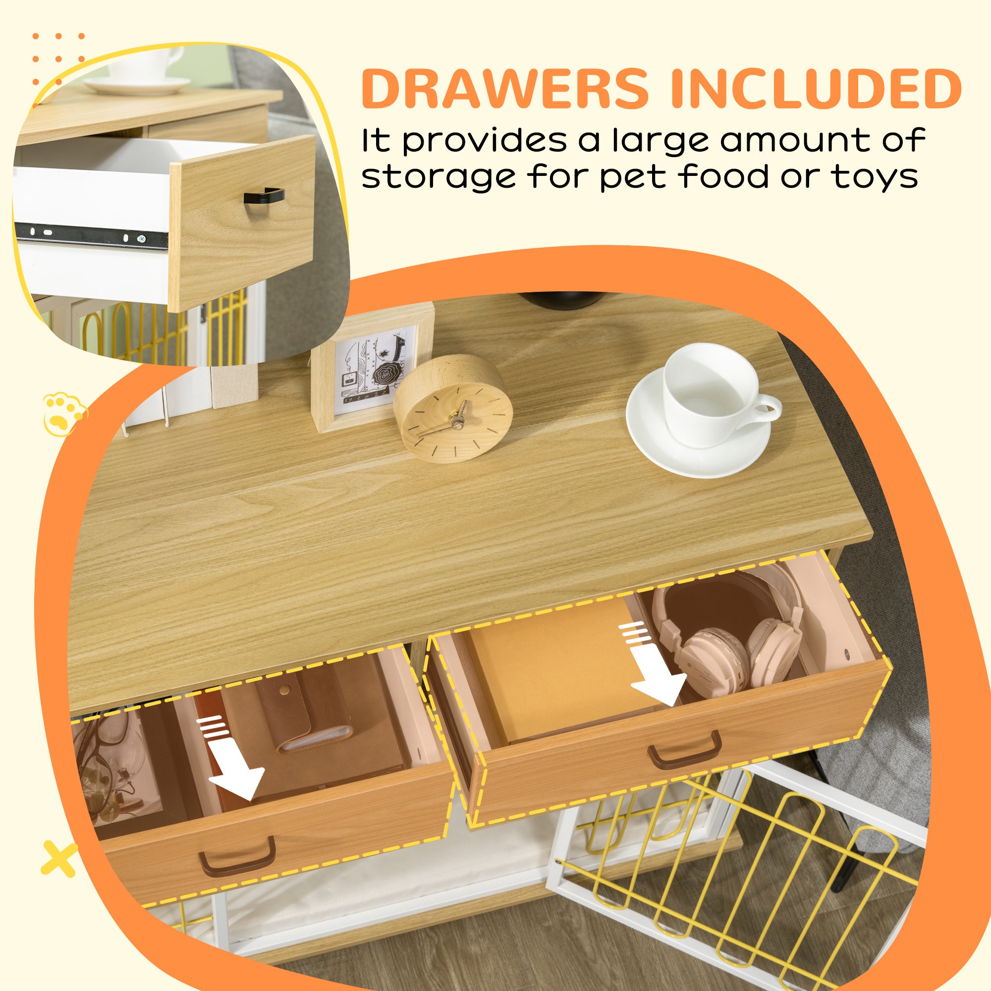 PawHut Dog Crate Furniture with 2 Drawers, Furniture Style Dog Crate End Table Indoor with Soft Cushion, Door for Medium Dogs, Oak