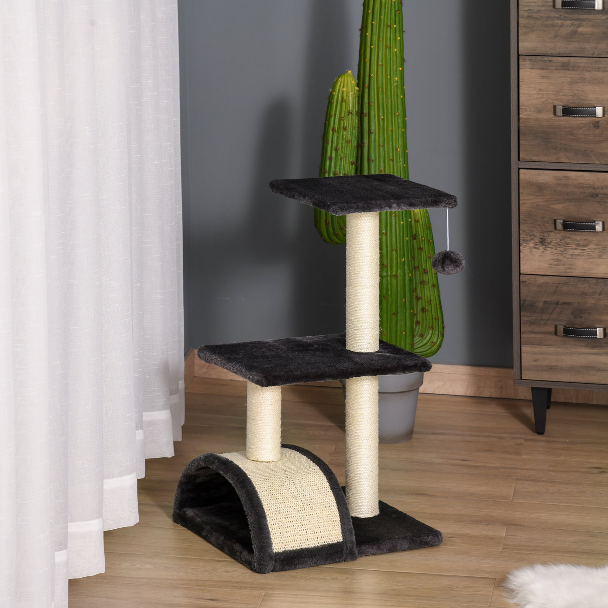 PawHut Cat Tree Tower for Indoor Cats, 72cm Climbing Activity Centre w/ Sisal Scratching Post, Pad, Arc Perch, Hanging Ball, Toy - Black