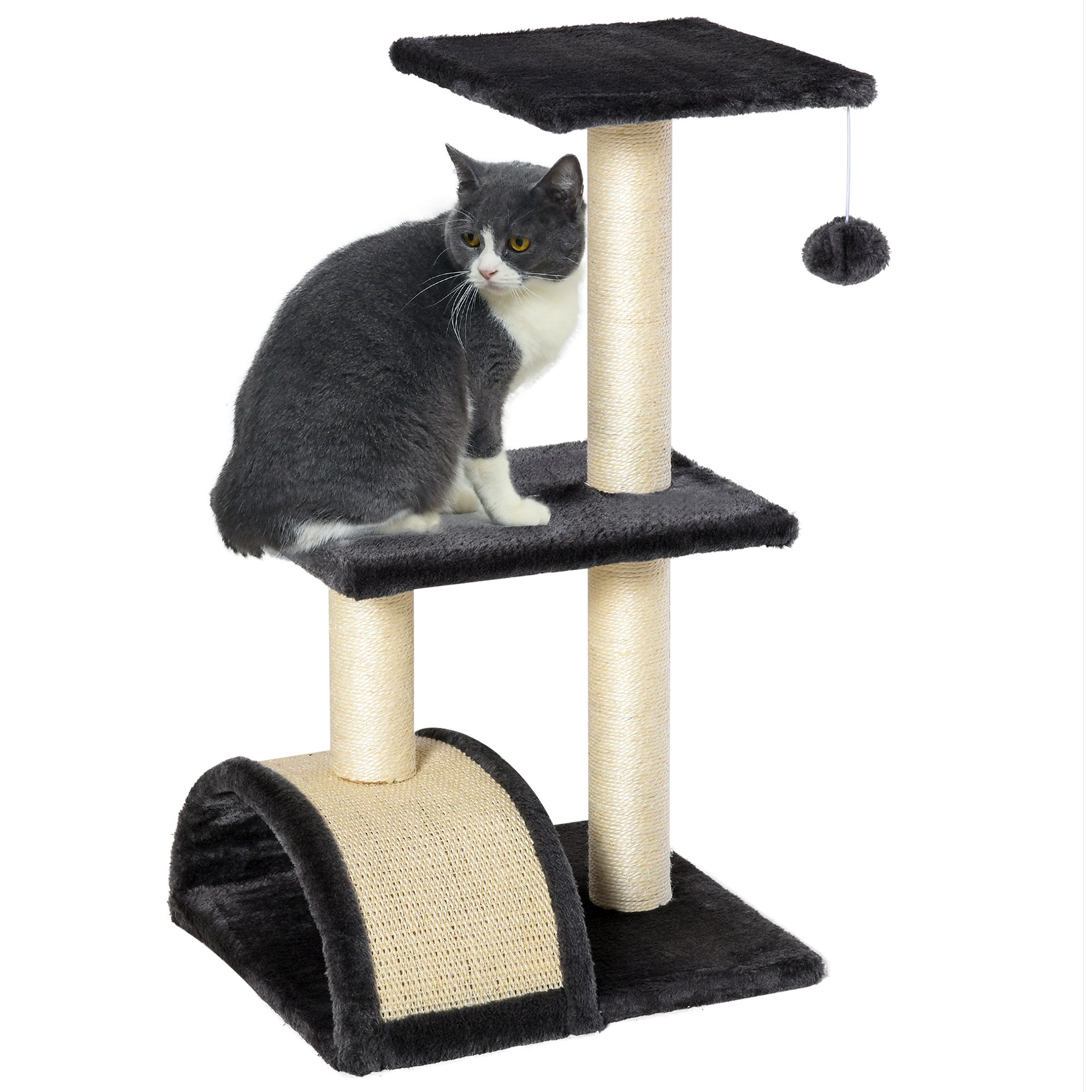 PawHut Cat Tree Tower for Indoor Cats, 28 Inches Climbing Activity Center w/ Sisal Scratching Post, Pad, Arc Perch, Hanging Ball, Toy, Grey and Cream White
