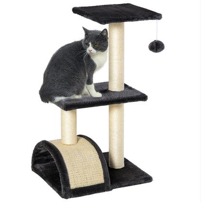 PawHut Cat Tree Tower for Indoor Cats, 28 Inches Climbing Activity Center w/ Sisal Scratching Post, Pad, Arc Perch, Hanging Ball, Toy, Grey and Cream White