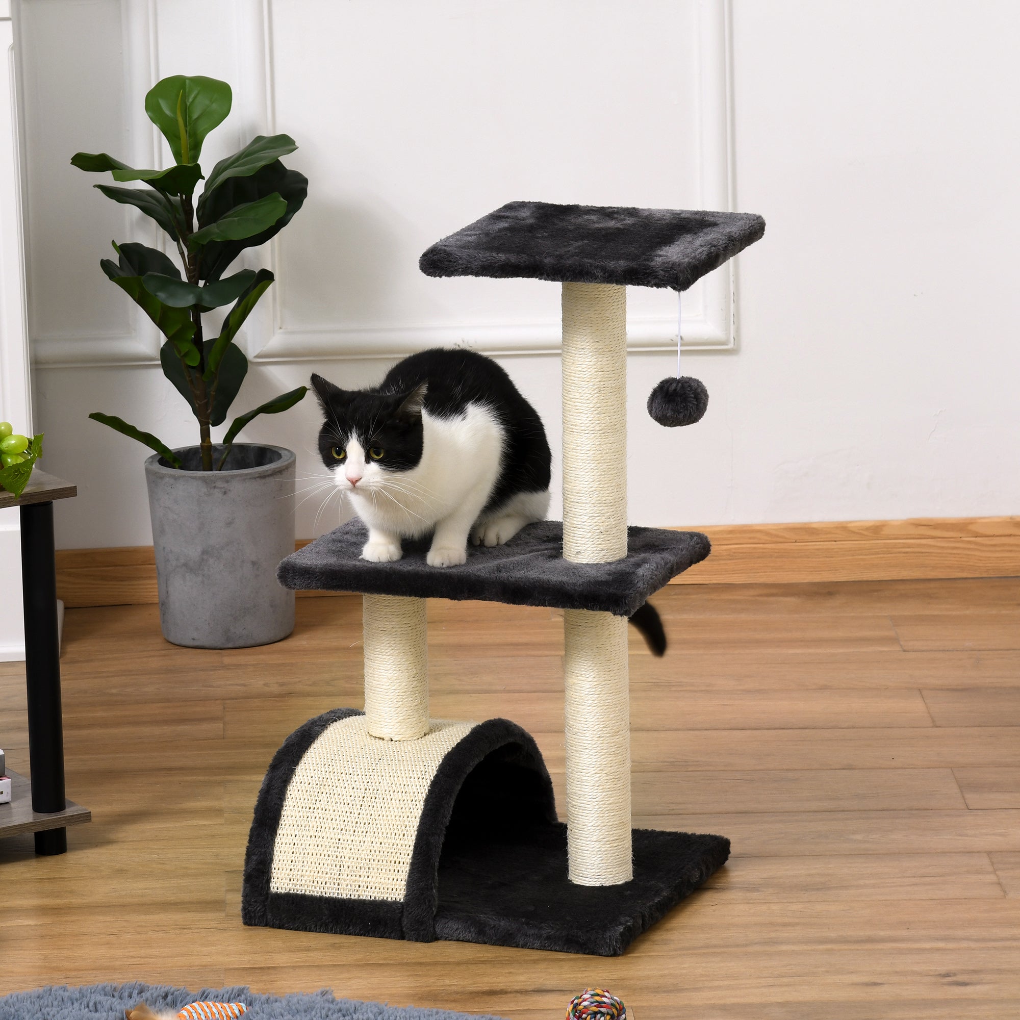 PawHut Cat Tree Tower for Indoor Cats, 28 Inches Climbing Activity Center w/ Sisal Scratching Post, Pad, Arc Perch, Hanging Ball, Toy, Grey and Cream White