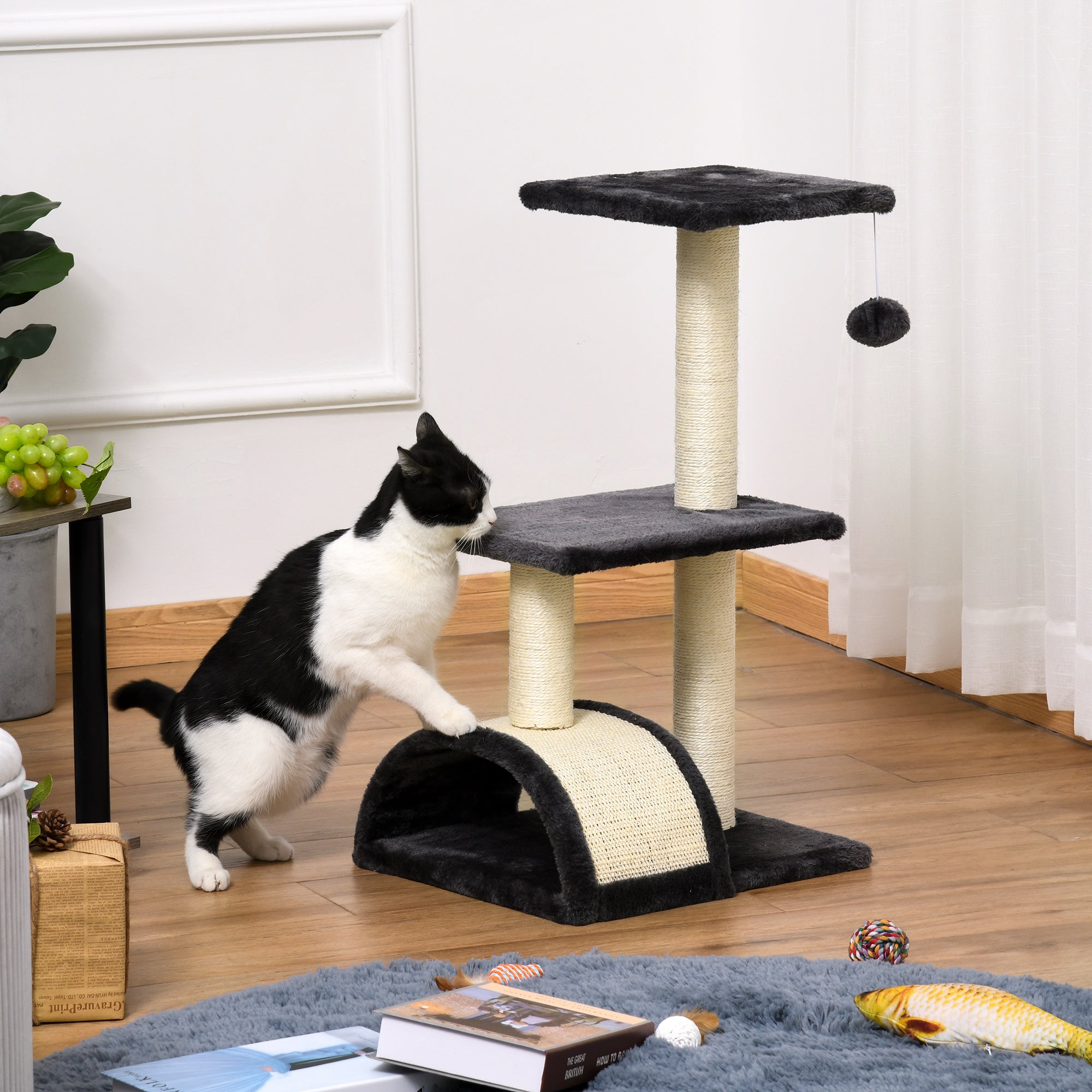 PawHut Cat Tree Tower for Indoor Cats, 28 Inches Climbing Activity Center w/ Sisal Scratching Post, Pad, Arc Perch, Hanging Ball, Toy, Grey and Cream White