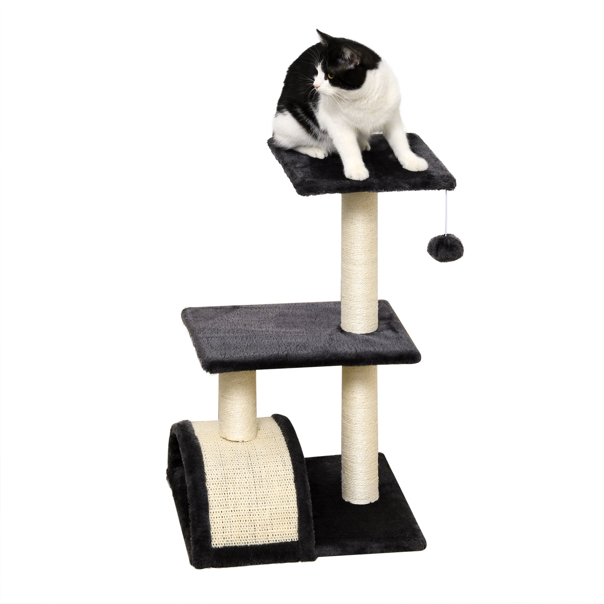 PawHut Cat Tree Tower for Indoor Cats, 72cm Climbing Activity Centre w/ Sisal Scratching Post, Pad, Arc Perch, Hanging Ball, Toy - Black