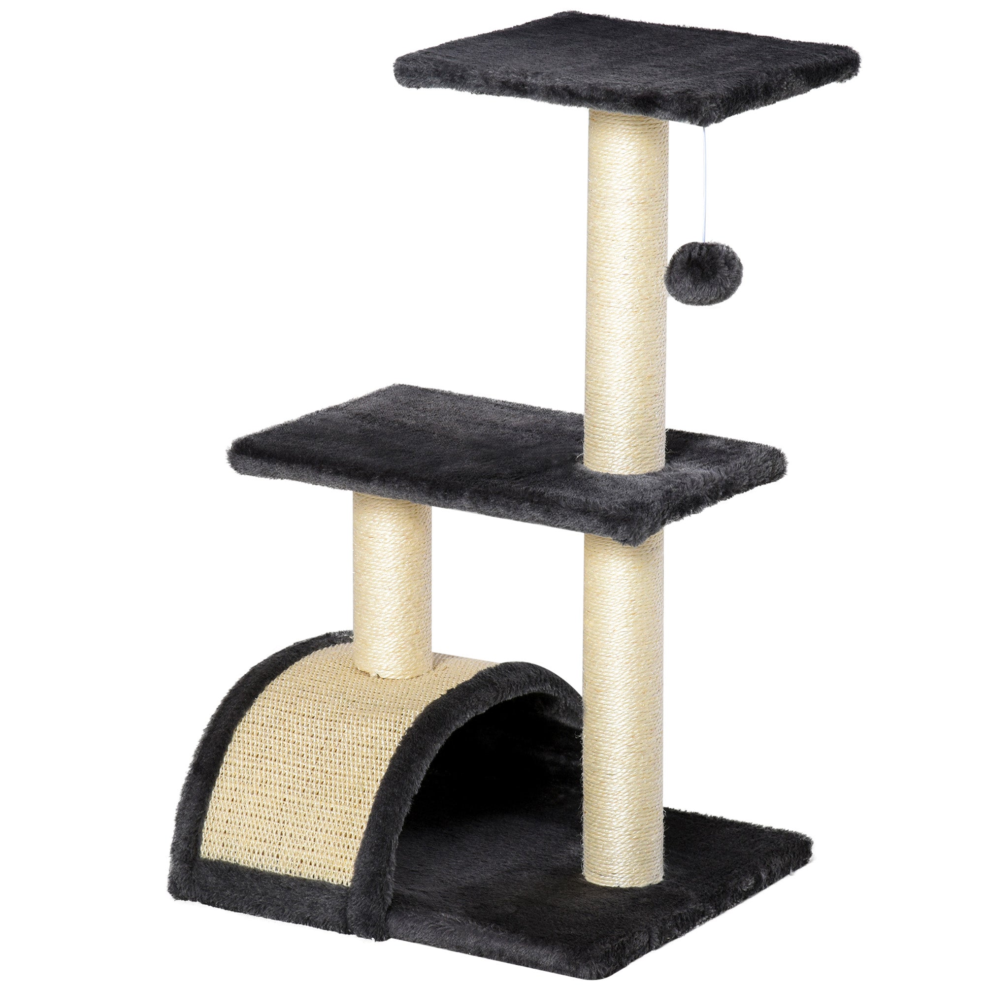 PawHut Cat Tree Tower for Indoor Cats, 28 Inches Climbing Activity Center w/ Sisal Scratching Post, Pad, Arc Perch, Hanging Ball, Toy, Grey and Cream White