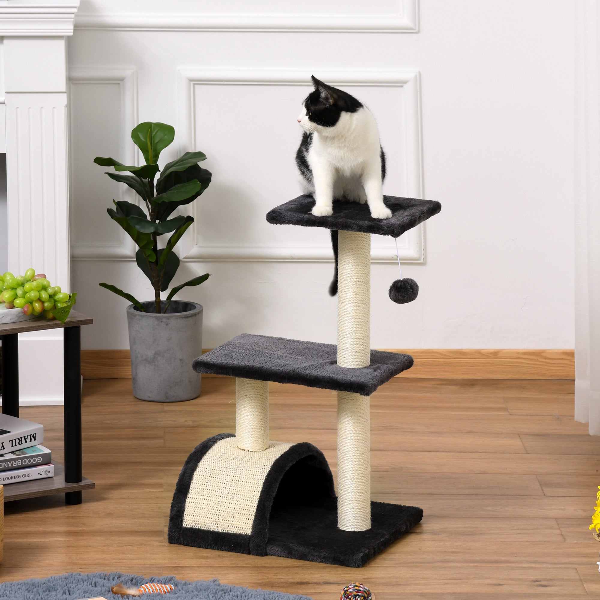 PawHut Cat Tree Tower for Indoor Cats, 72cm Climbing Activity Centre w/ Sisal Scratching Post, Pad, Arc Perch, Hanging Ball, Toy - Black