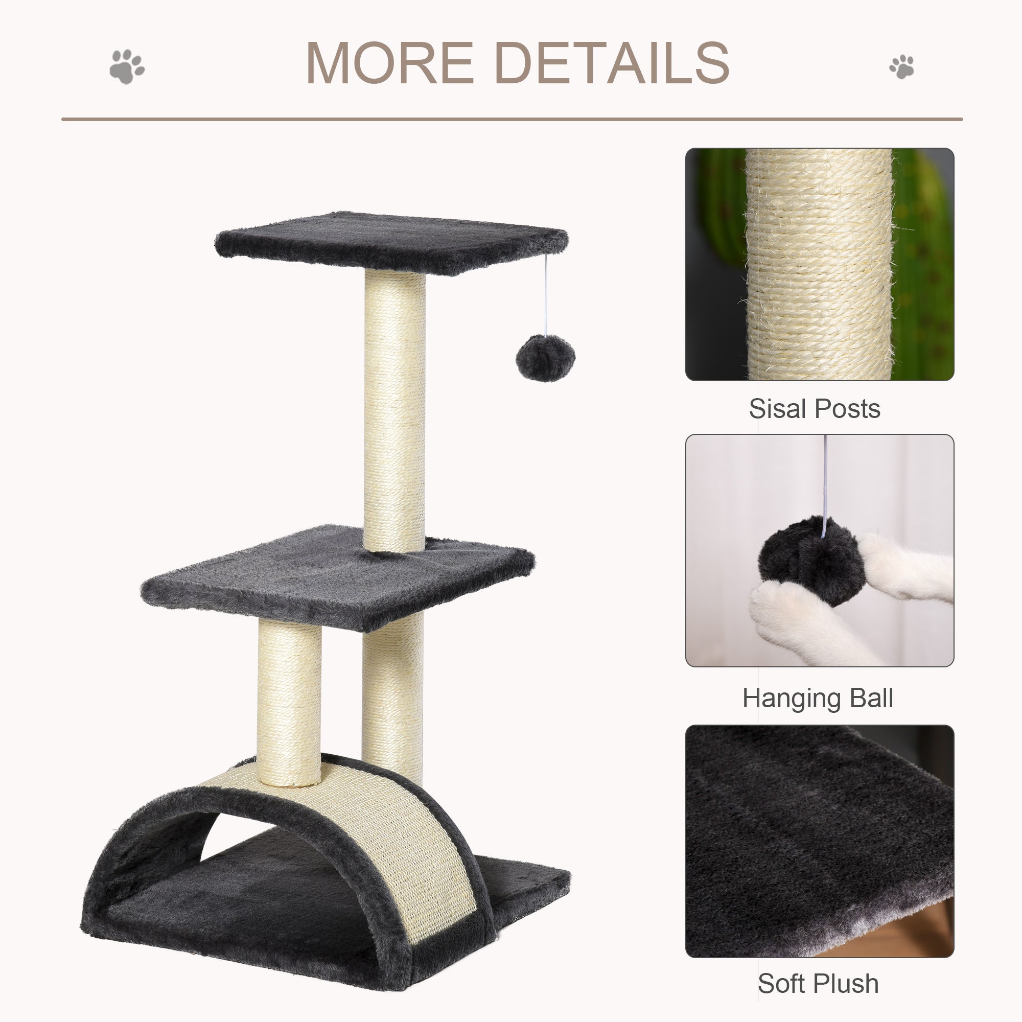 PawHut Cat Tree Tower for Indoor Cats, 28 Inches Climbing Activity Center w/ Sisal Scratching Post, Pad, Arc Perch, Hanging Ball, Toy, Grey and Cream White