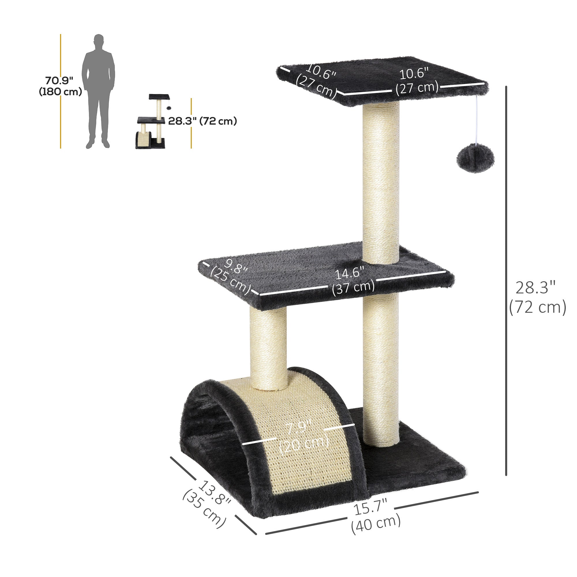 PawHut Cat Tree Tower for Indoor Cats, 28 Inches Climbing Activity Center w/ Sisal Scratching Post, Pad, Arc Perch, Hanging Ball, Toy, Grey and Cream White