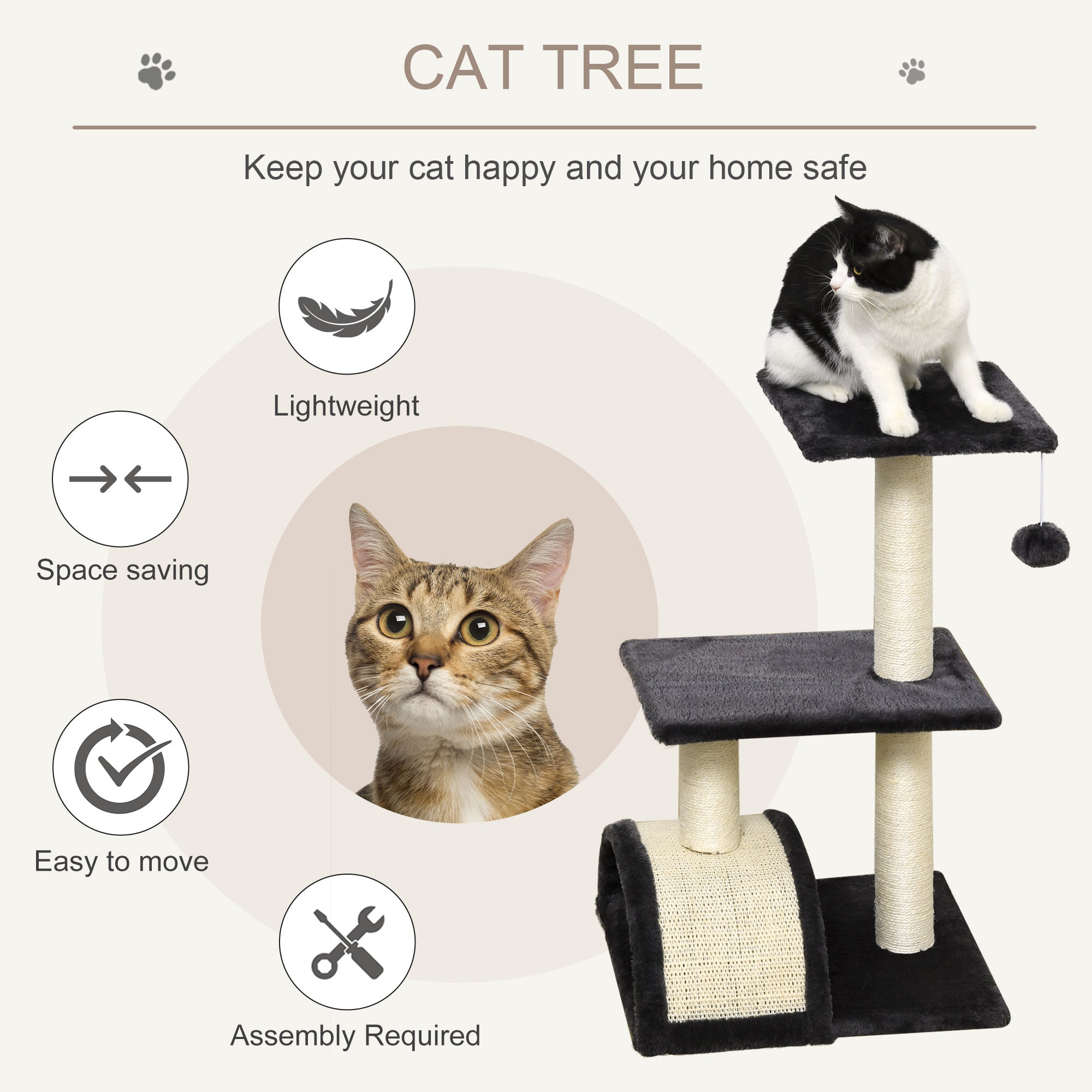 PawHut Cat Tree Tower for Indoor Cats, 28 Inches Climbing Activity Center w/ Sisal Scratching Post, Pad, Arc Perch, Hanging Ball, Toy, Grey and Cream White