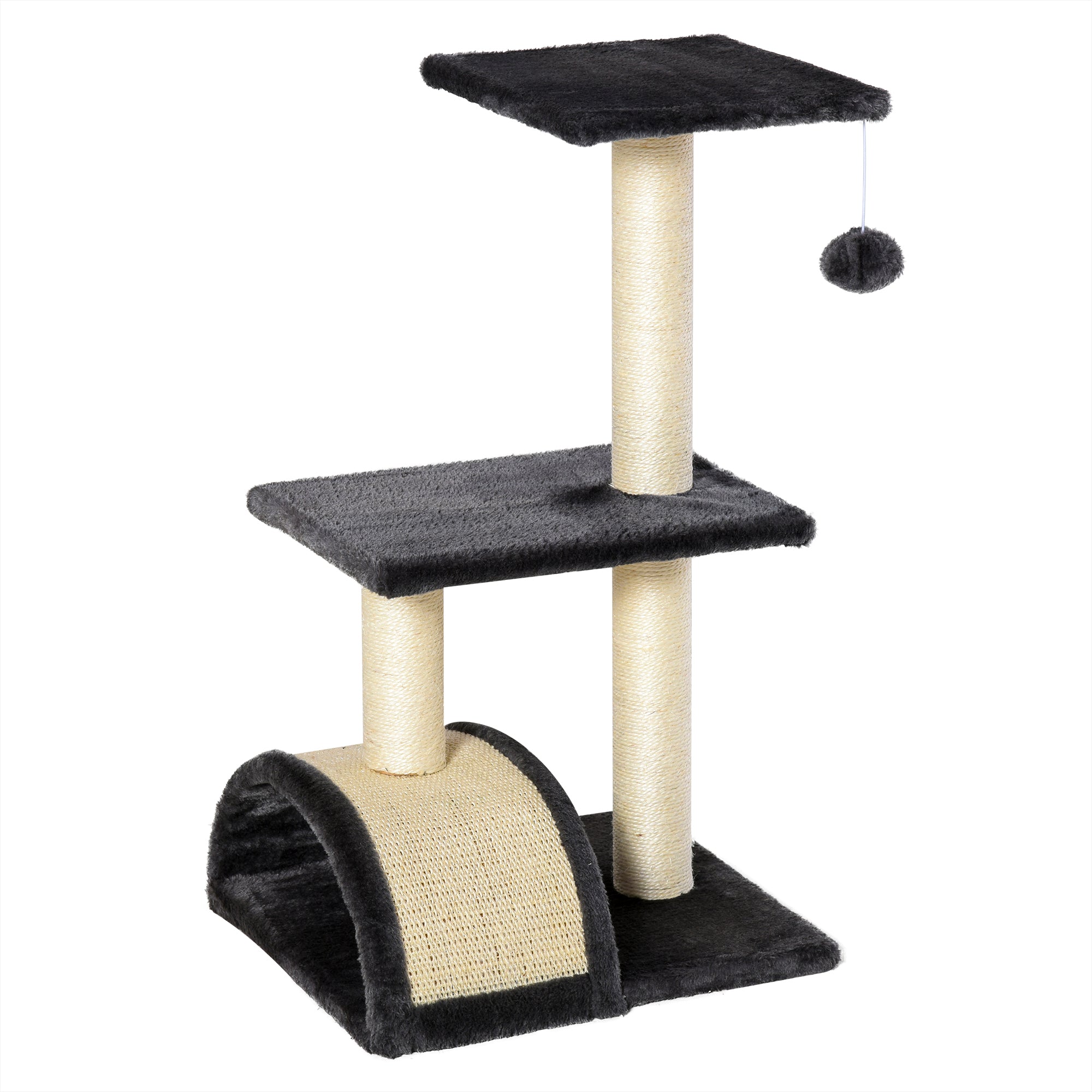 PawHut Cat Tree Tower for Indoor Cats, 28 Inches Climbing Activity Center w/ Sisal Scratching Post, Pad, Arc Perch, Hanging Ball, Toy, Grey and Cream White