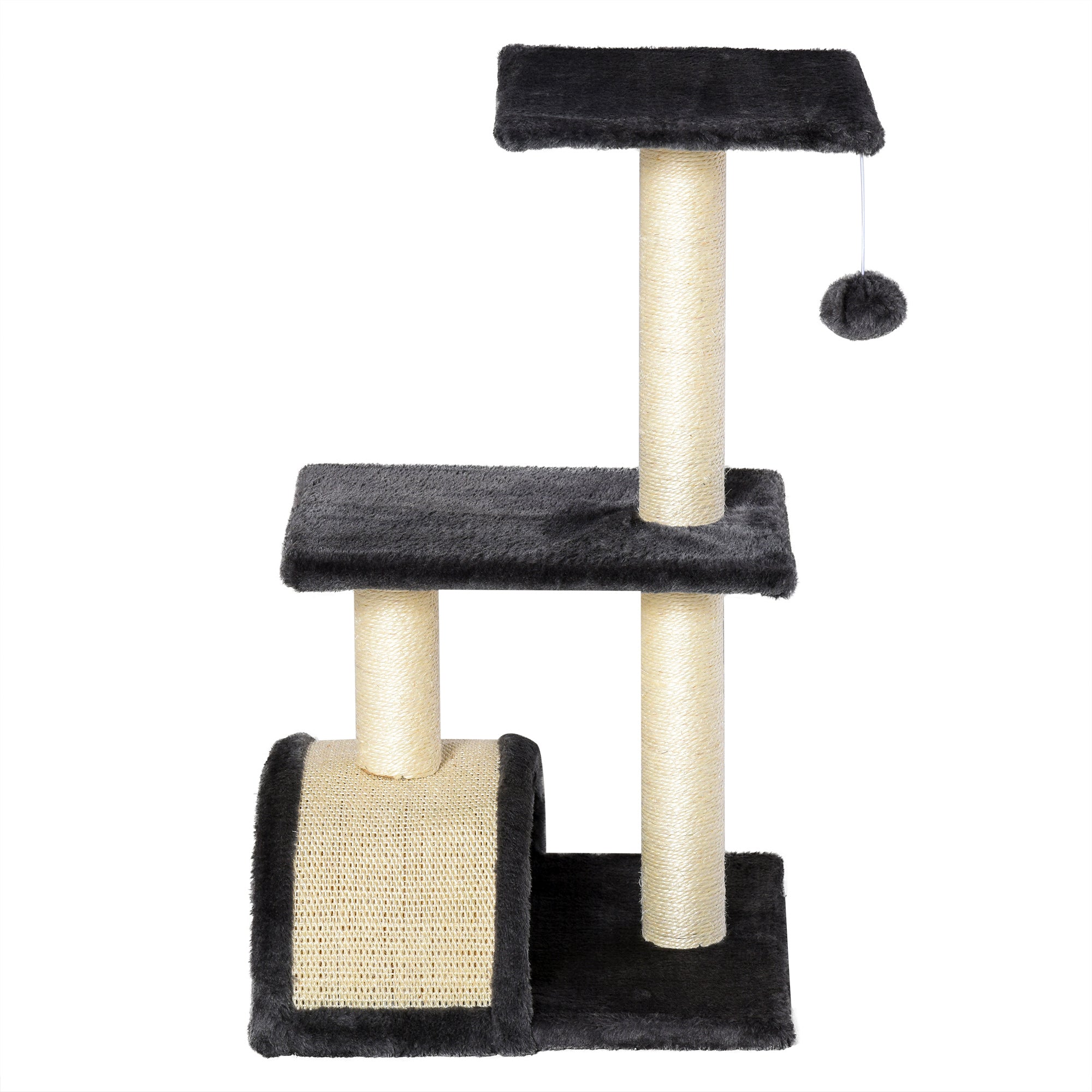 PawHut Cat Tree Tower for Indoor Cats, 28 Inches Climbing Activity Center w/ Sisal Scratching Post, Pad, Arc Perch, Hanging Ball, Toy, Grey and Cream White