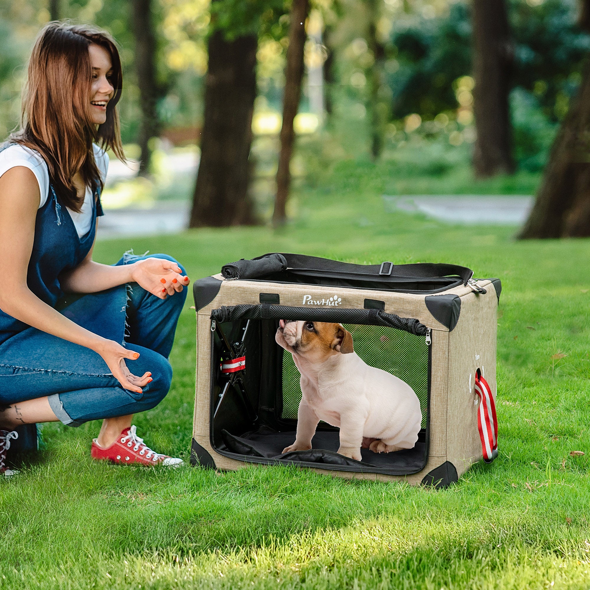 PawHut Foldable Pet Carrier for Small and Miniature Dogs, Portable Cat Carrier Soft Side Pet Travel Crate with Removable Mat, Breathable Mesh - 65 x 45 x 45 cm