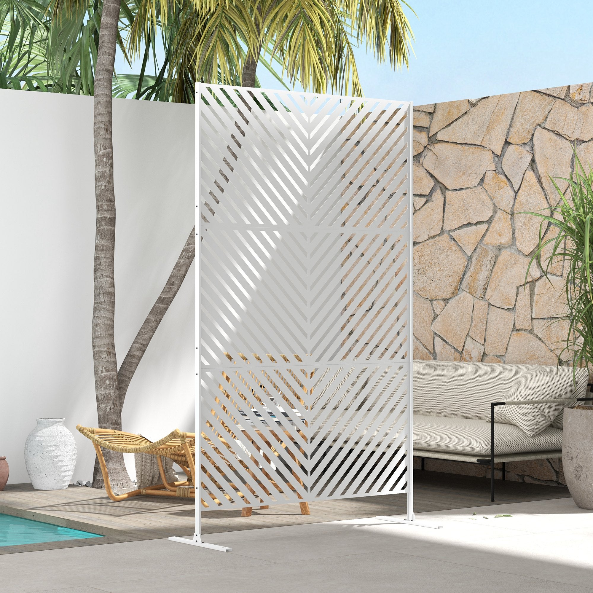 Outsunny Metal Outdoor Privacy Screen, Decorative Outdoor Divider with Stand and Expansion Screws, Freestanding Privacy Panel for Garden, Backyard, Deck, Triangle Style, White