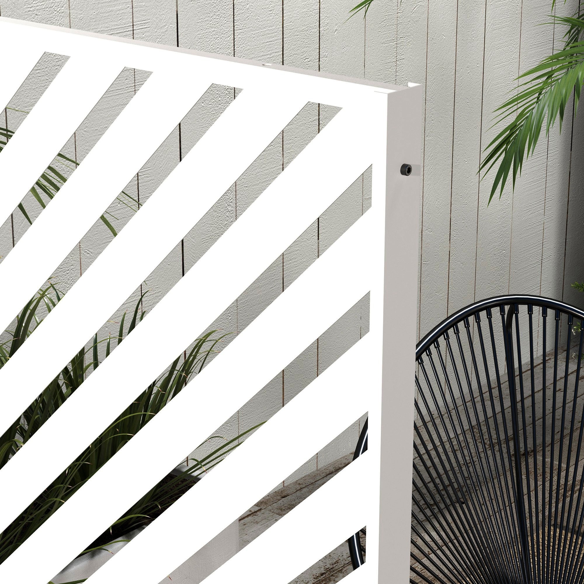 Outsunny Metal Outdoor Privacy Screen, Decorative Outdoor Divider with Stand and Expansion Screws, Freestanding Privacy Panel for Garden, Backyard, Deck, Triangle Style, White
