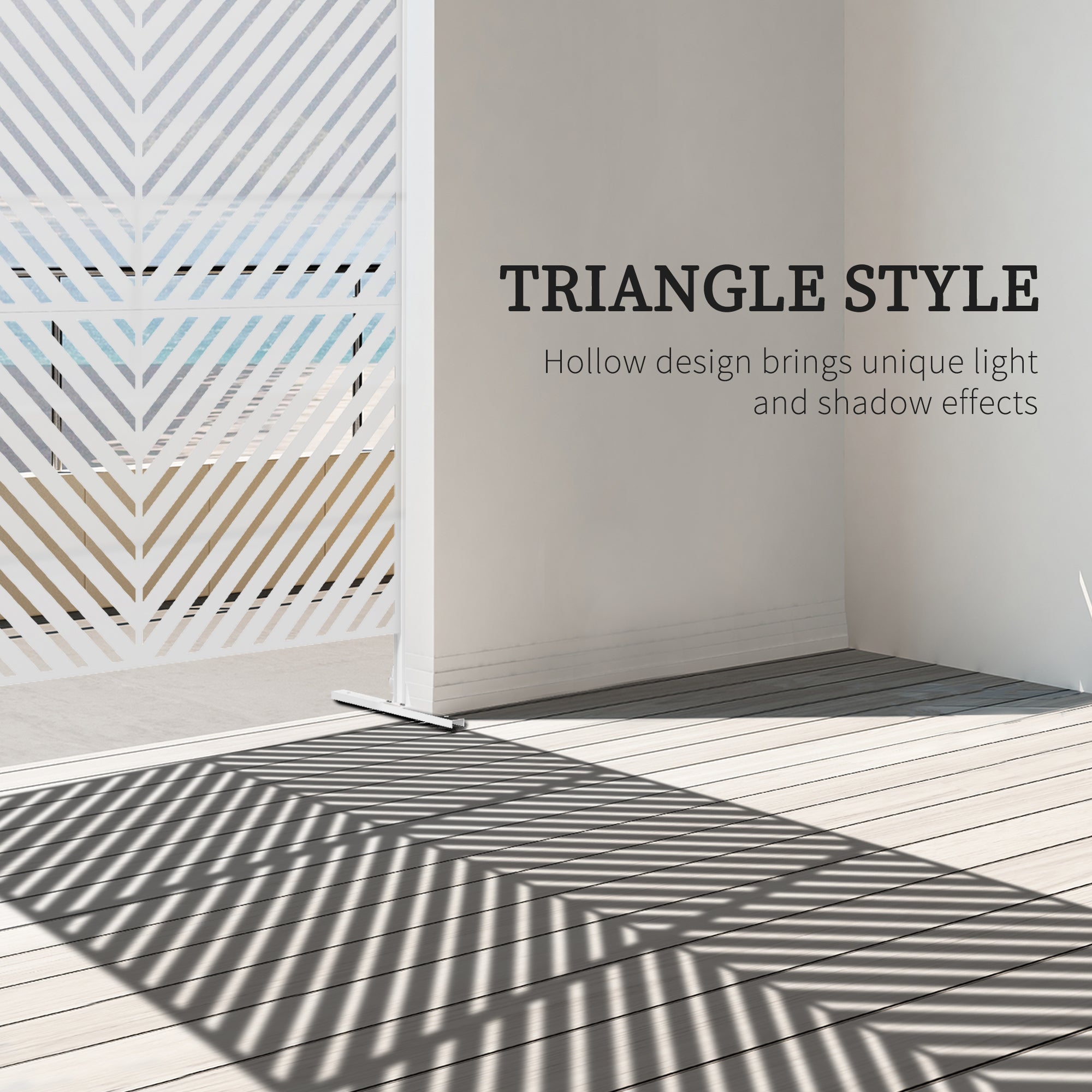 Outsunny Metal Outdoor Privacy Screen, Decorative Outdoor Divider with Stand and Expansion Screws, Freestanding Privacy Panel for Garden, Backyard, Deck, Triangle Style, White