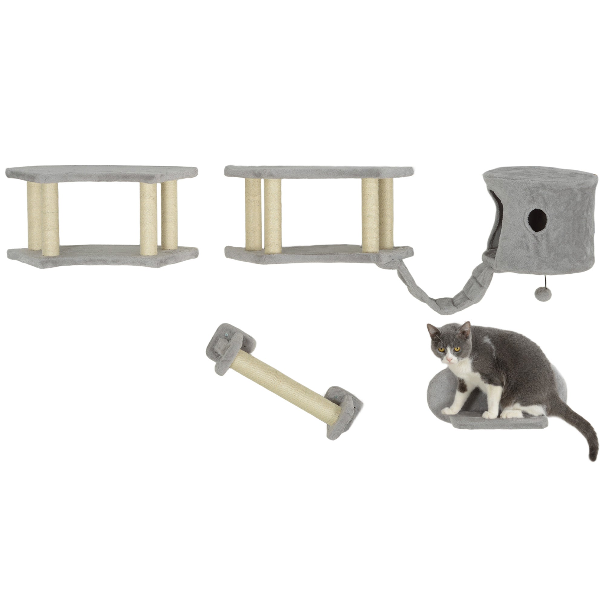 PawHut Cat Wall Shelves, 4PCs Cat Shelves with Scratching Post, Jumping Platforms, Ladder, Condo, Ceiling Wall Mounted Cat Climber, Light Grey
