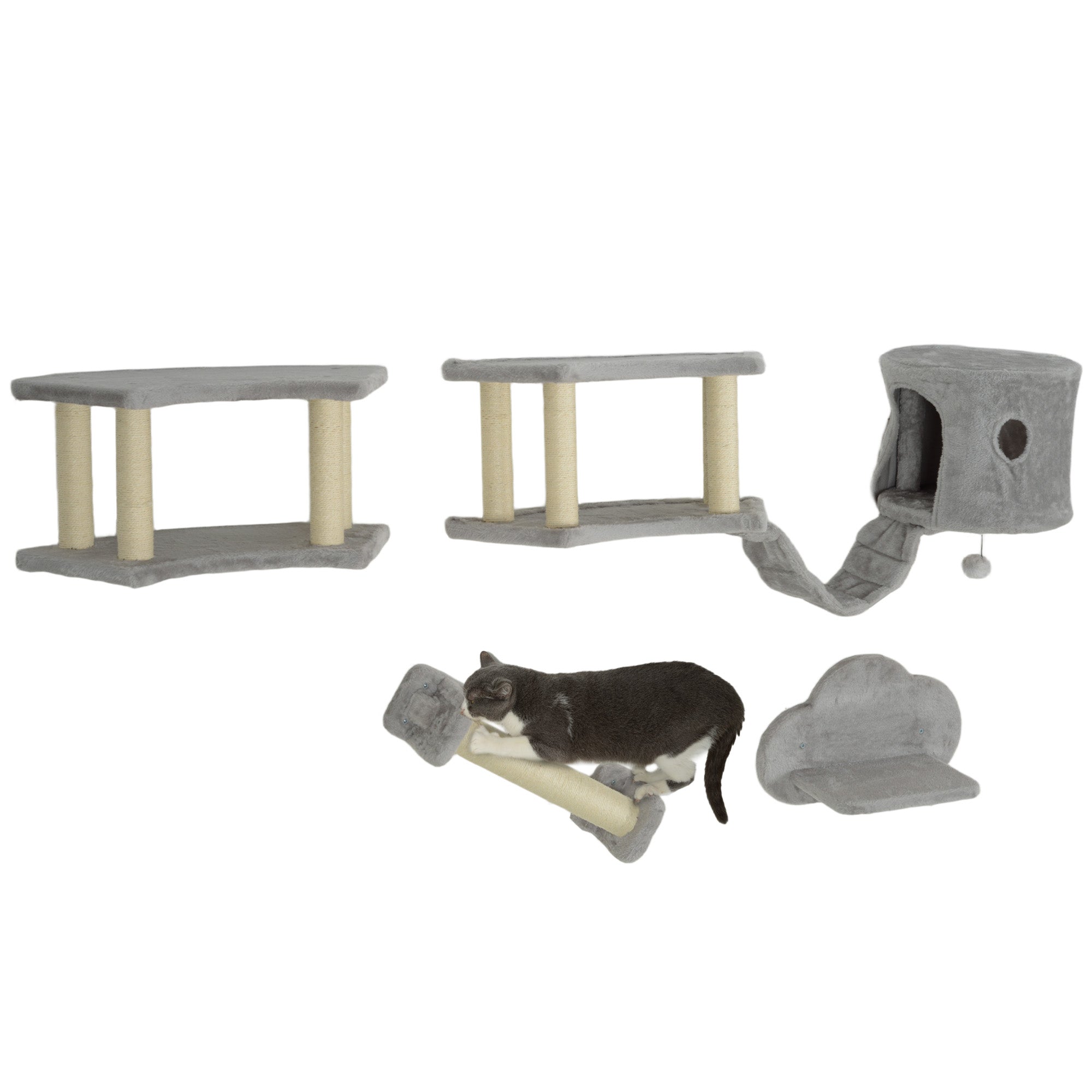 PawHut Cat Wall Shelves, 4PCs Cat Shelves with Scratching Post, Jumping Platforms, Ladder, Condo, Ceiling Wall Mounted Cat Climber, Light Grey