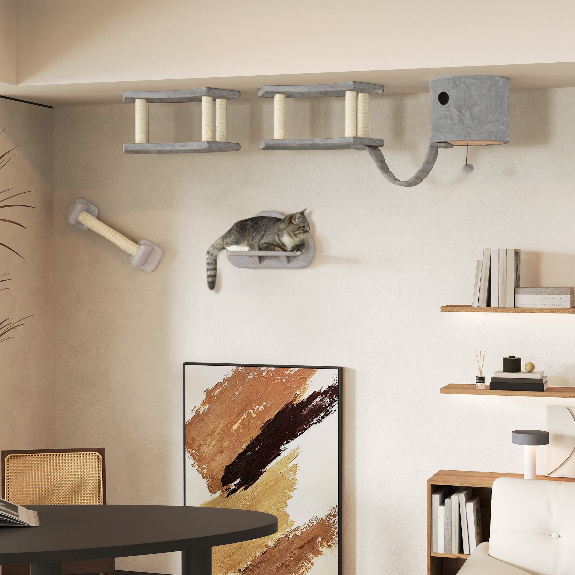 PawHut Cat Wall Shelves, 4PCs Cat Shelves with Scratching Post, Jumping Platforms, Ladder, Condo, Ceiling Wall Mounted Cat Climber, Light Grey