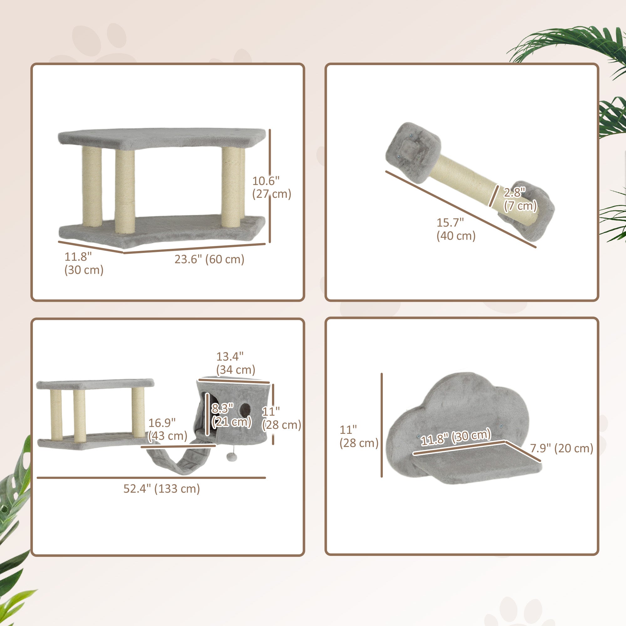 PawHut Cat Wall Shelves, 4PCs Cat Shelves with Scratching Post, Jumping Platforms, Ladder, Condo, Ceiling Wall Mounted Cat Climber, Light Grey