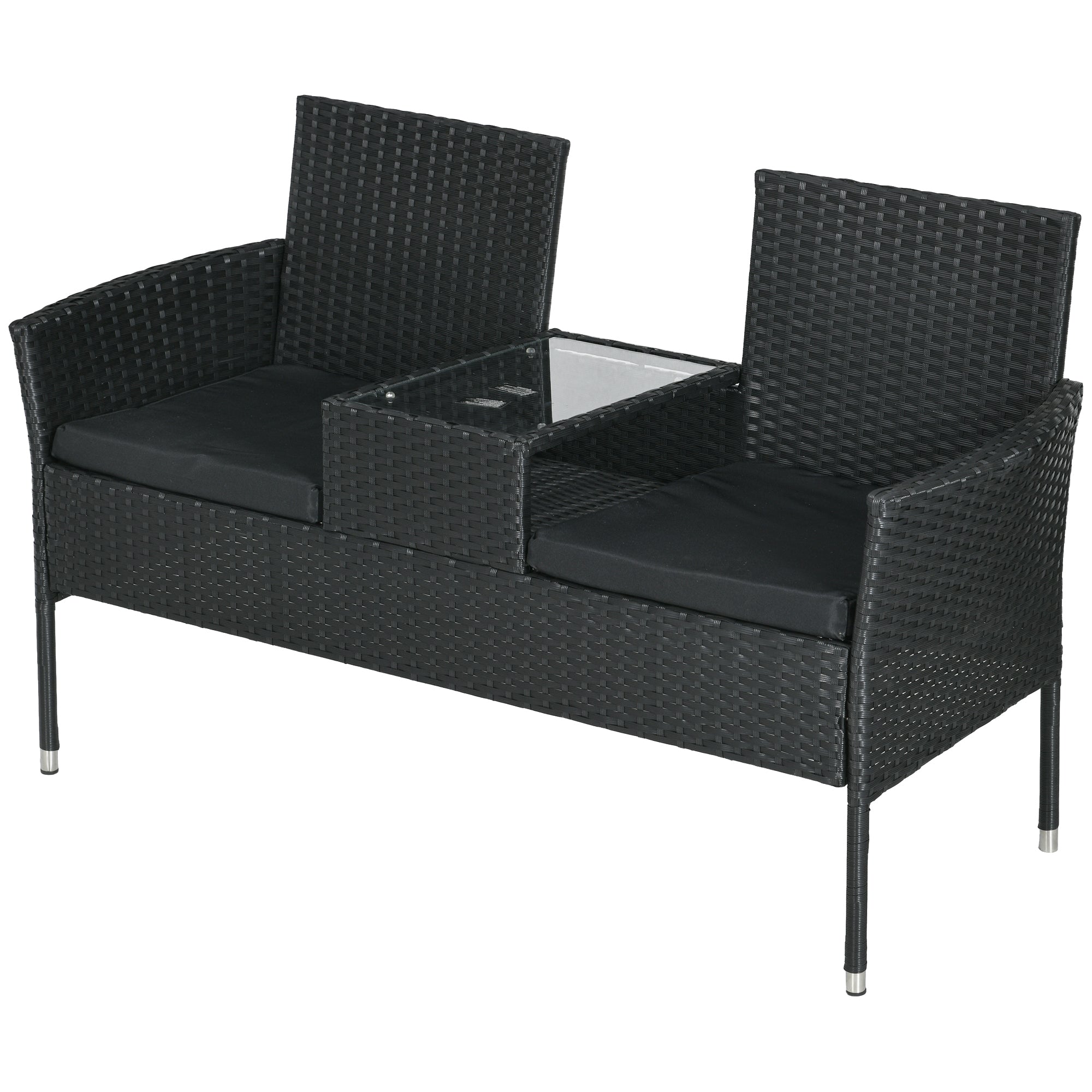 Outsunny 2-Seat Patio Furniture with Tea Table, Outdoor PE Rattan Wicker Loveseat with Padded Cushions and Tempered Glass Top for Garden, Porch, Poolside, Black