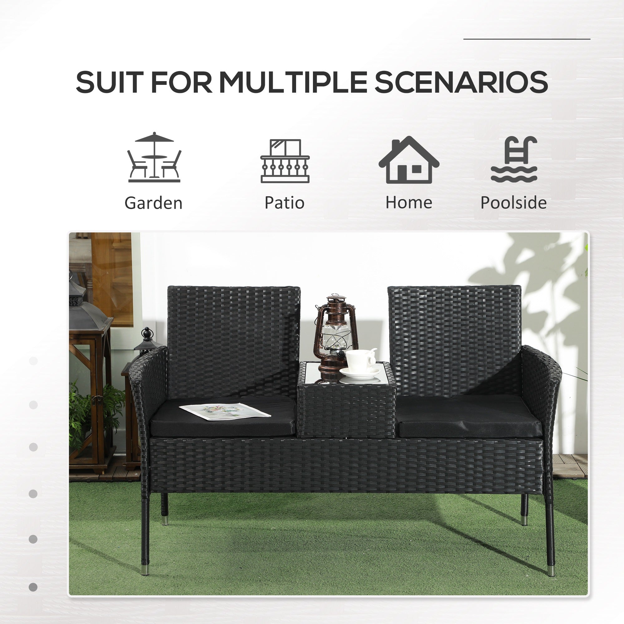 Outsunny 2-Seat Patio Furniture with Tea Table, Outdoor PE Rattan Wicker Loveseat with Padded Cushions and Tempered Glass Top for Garden, Porch, Poolside, Black