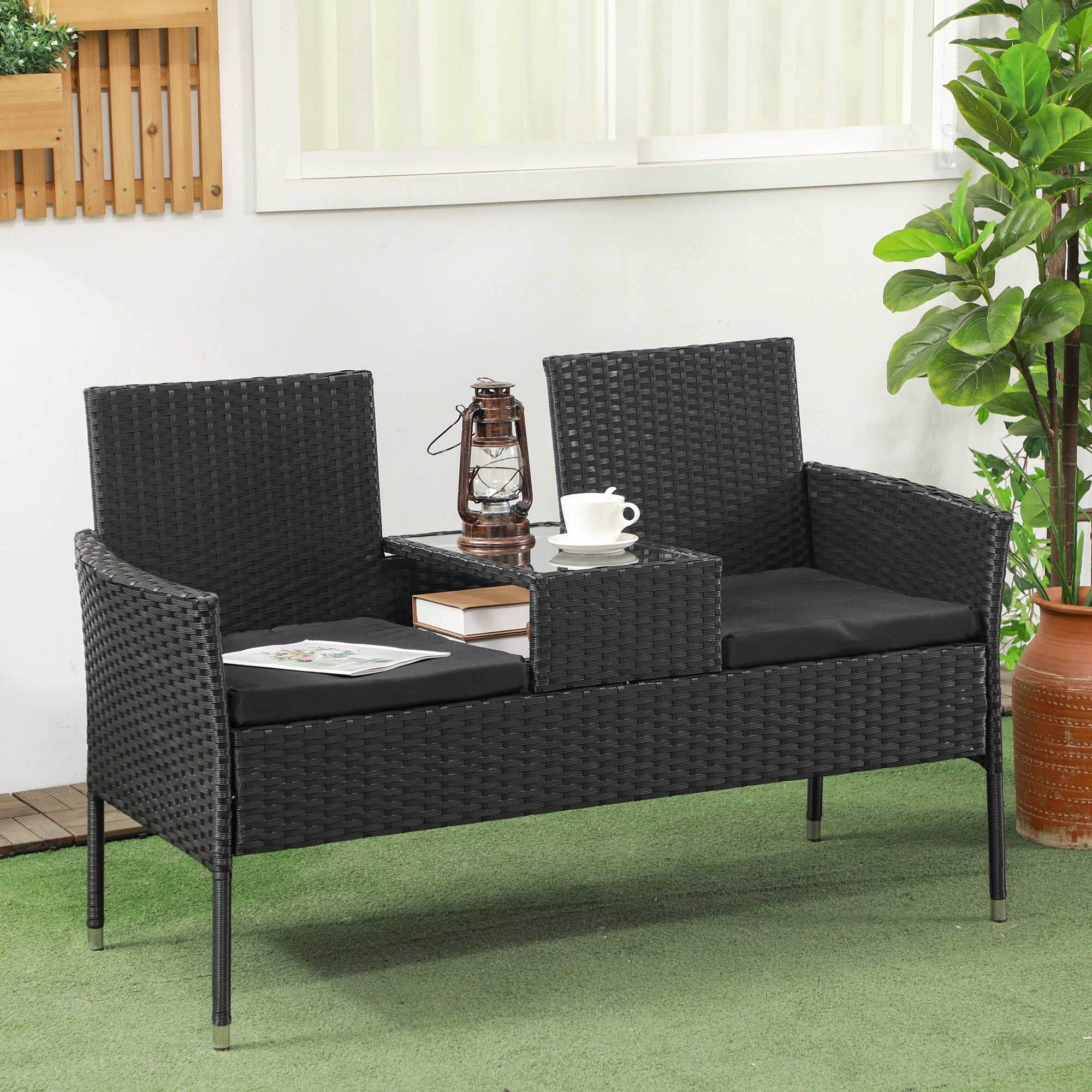 Outsunny 2-Seat Patio Furniture with Tea Table, Outdoor PE Rattan Wicker Loveseat with Padded Cushions and Tempered Glass Top for Garden, Porch, Poolside, Black