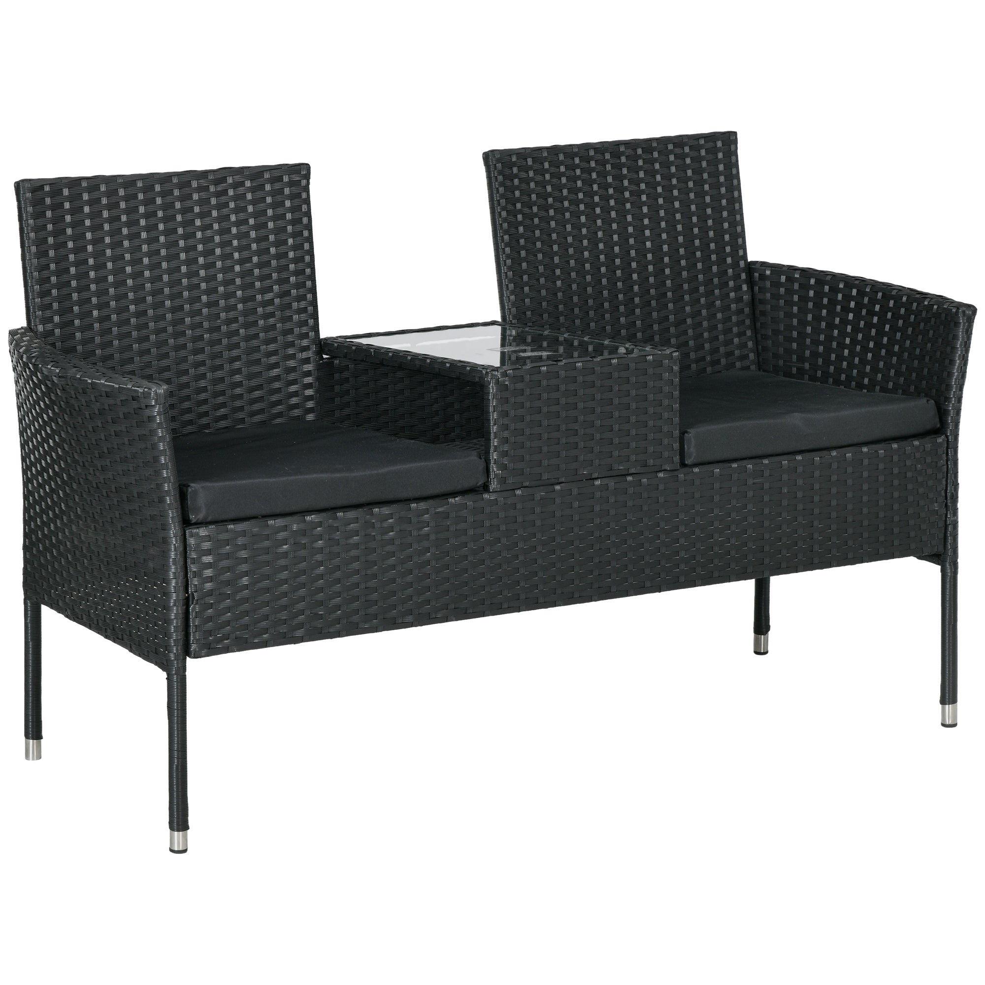 Outsunny 2-Seat Patio Furniture with Tea Table, Outdoor PE Rattan Wicker Loveseat with Padded Cushions and Tempered Glass Top for Garden, Porch, Poolside, Black
