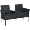 Outsunny 2-Seat Patio Furniture with Tea Table, Outdoor PE Rattan Wicker Loveseat with Padded Cushions and Tempered Glass Top for Garden, Porch, Poolside, Black