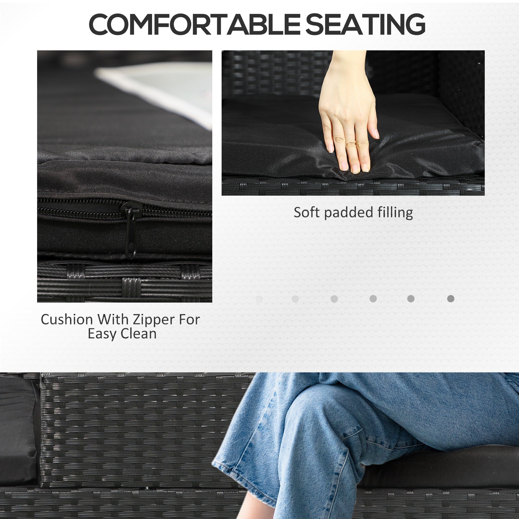 Outsunny 2-Seat Patio Furniture with Tea Table, Outdoor PE Rattan Wicker Loveseat with Padded Cushions and Tempered Glass Top for Garden, Porch, Poolside, Black