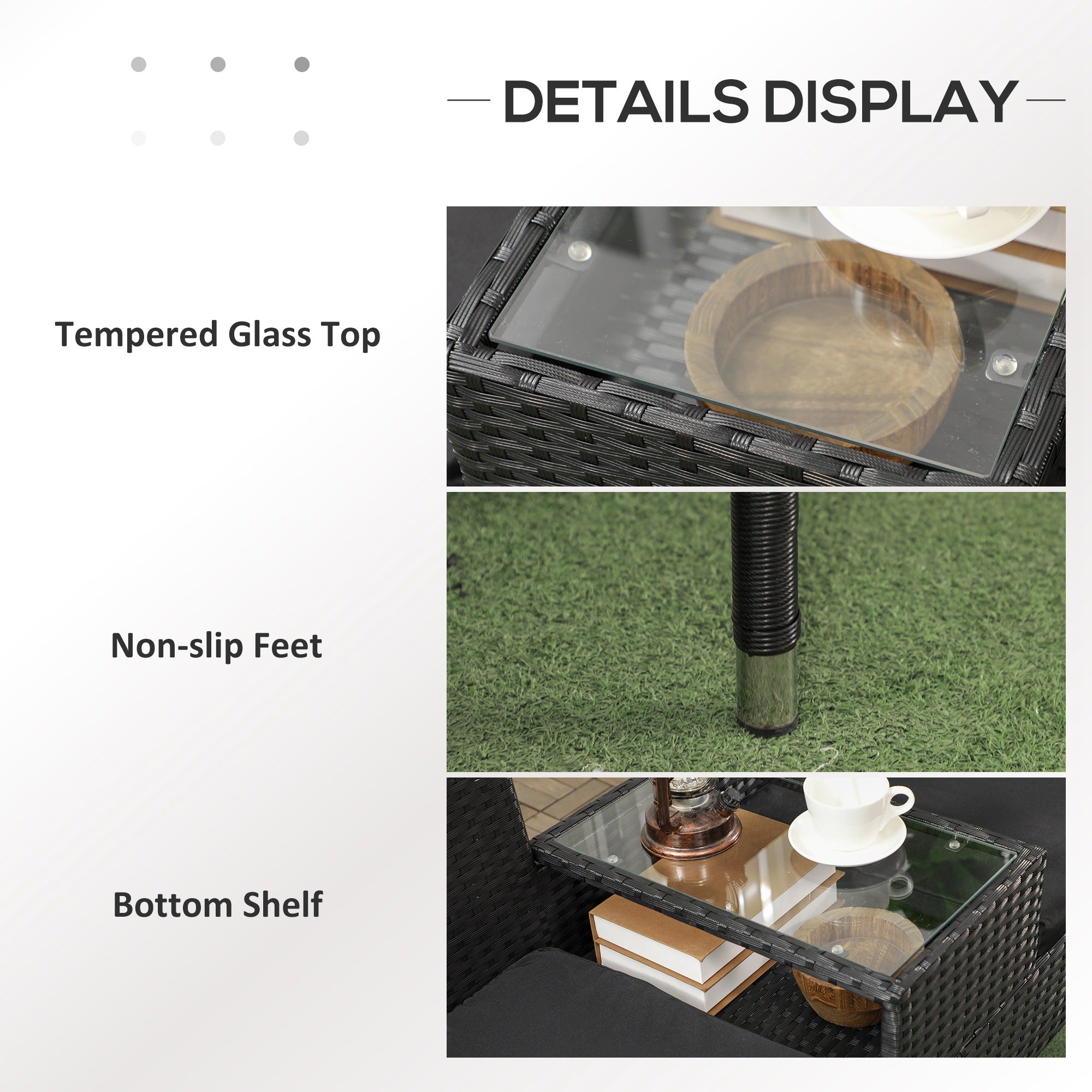 Outsunny 2-Seat Patio Furniture with Tea Table, Outdoor PE Rattan Wicker Loveseat with Padded Cushions and Tempered Glass Top for Garden, Porch, Poolside, Black