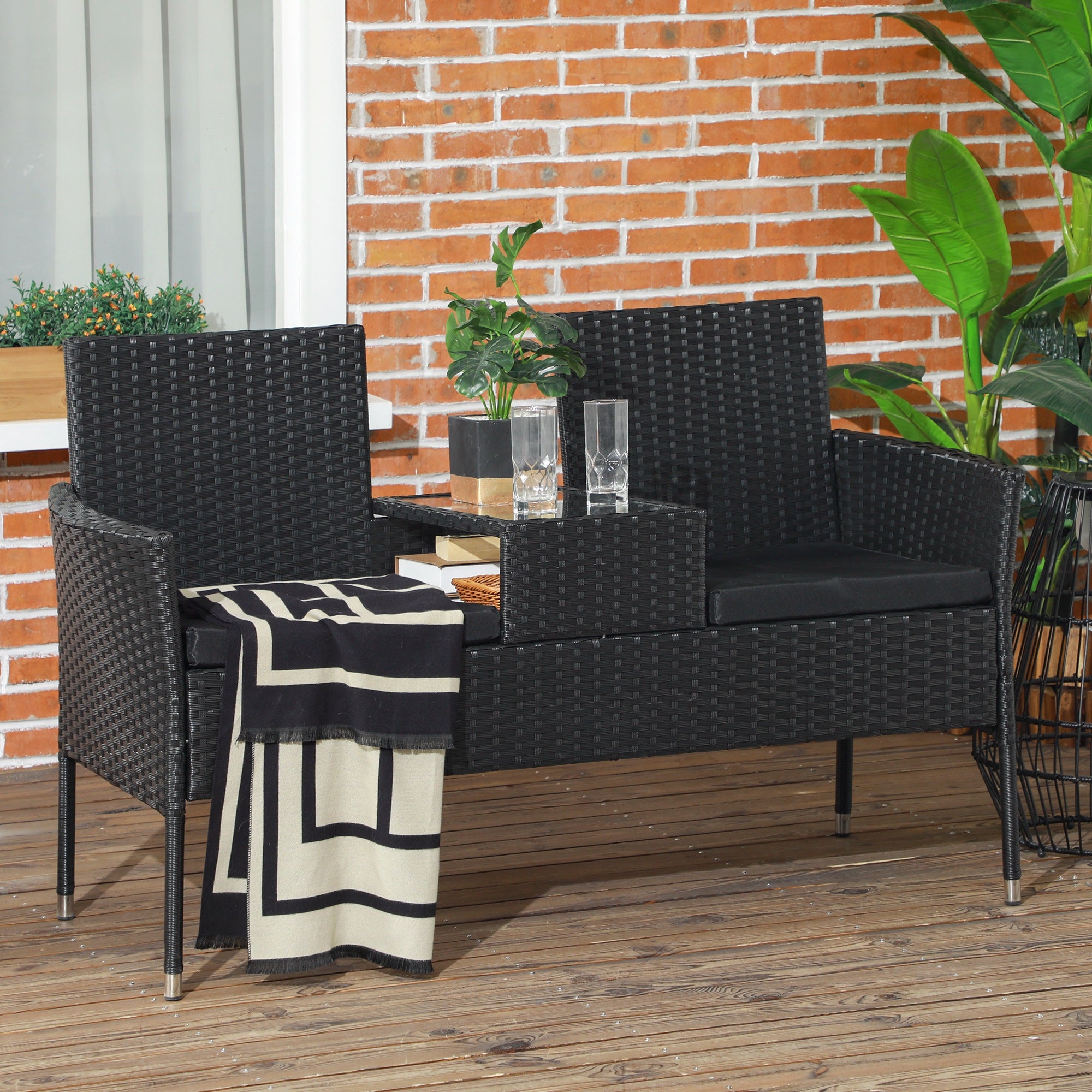 Outsunny 2-Seat Patio Furniture with Tea Table, Outdoor PE Rattan Wicker Loveseat with Padded Cushions and Tempered Glass Top for Garden, Porch, Poolside, Black