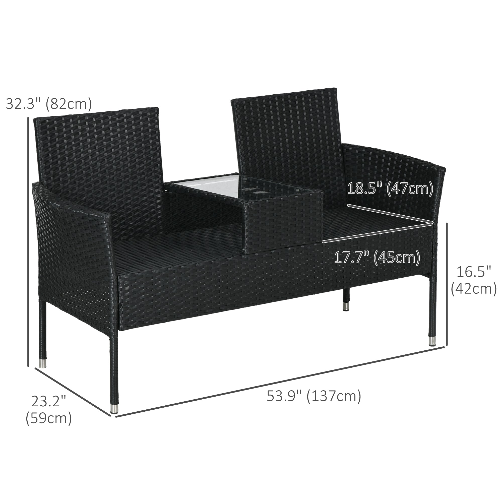 Outsunny 2-Seat Patio Furniture with Tea Table, Outdoor PE Rattan Wicker Loveseat with Padded Cushions and Tempered Glass Top for Garden, Porch, Poolside, Black