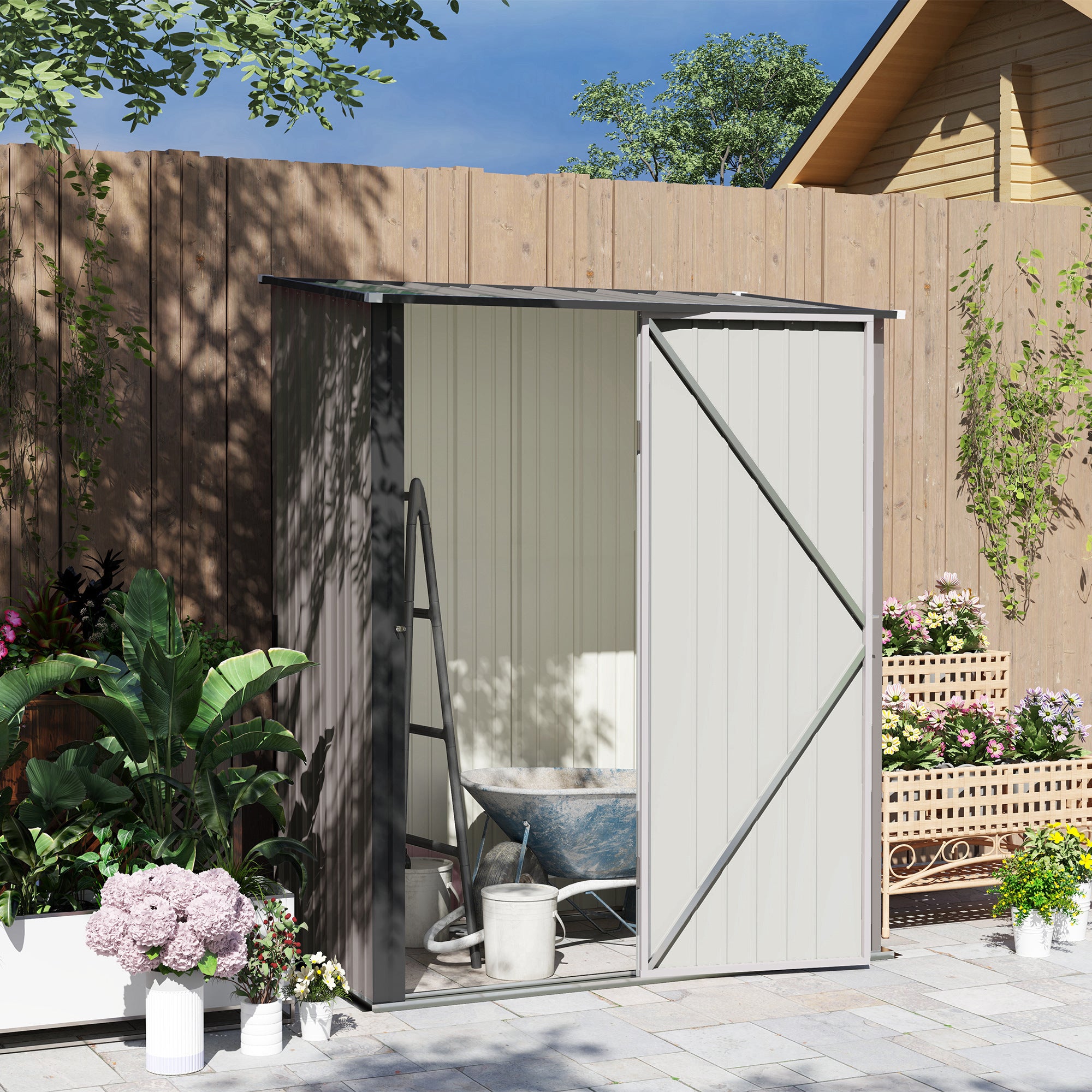 Outsunny 5' x 3' Outdoor Storage Shed, Steel Garden Shed with Single Lockable Door and Gloves, Tool Storage House for Backyard, Patio, Lawn, Light Grey