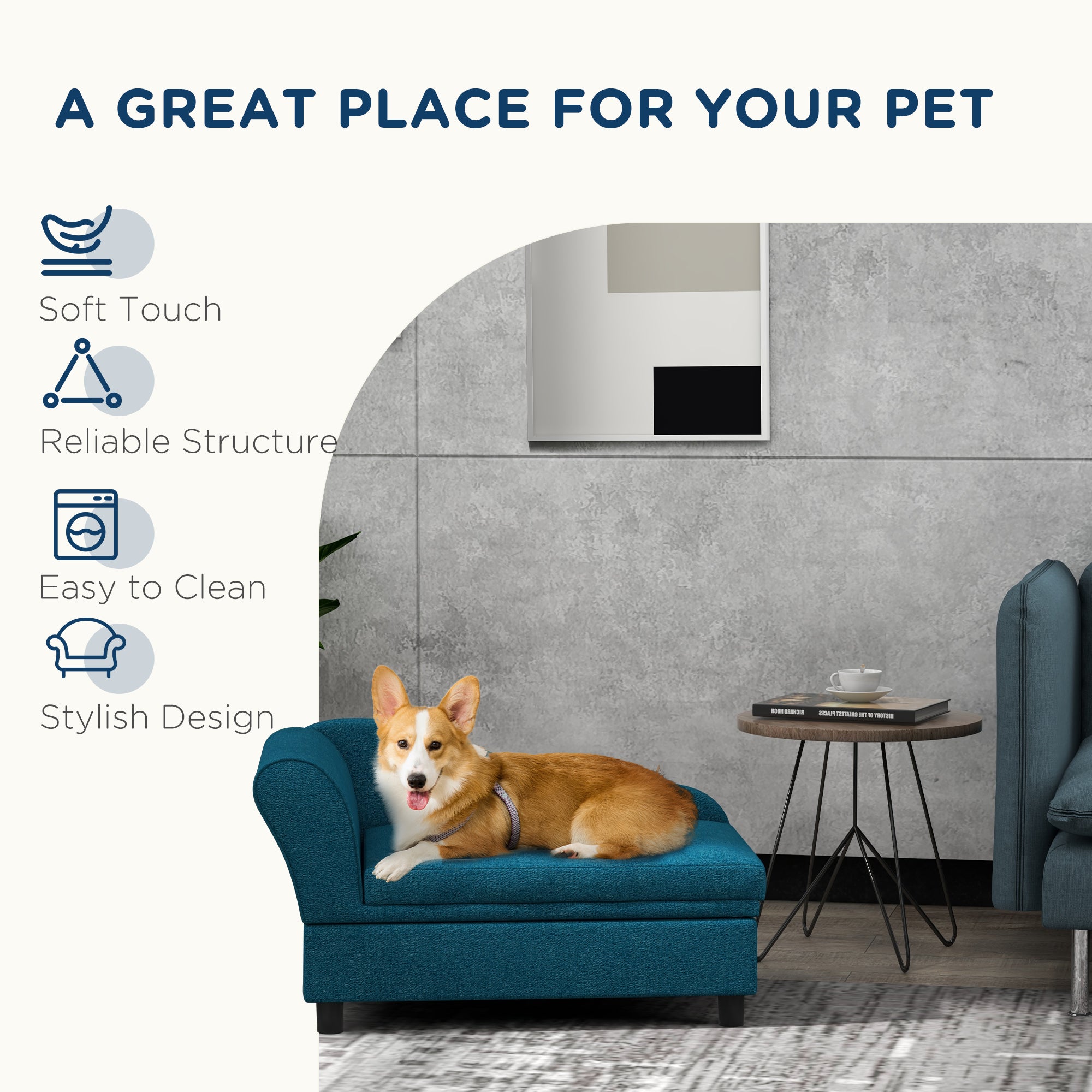 PawHut Pet Sofa, Dog Couch, Elevated Pet Bed for Small Dogs, with Hidden Storage, Soft Tufted Cushion, Dark Blue