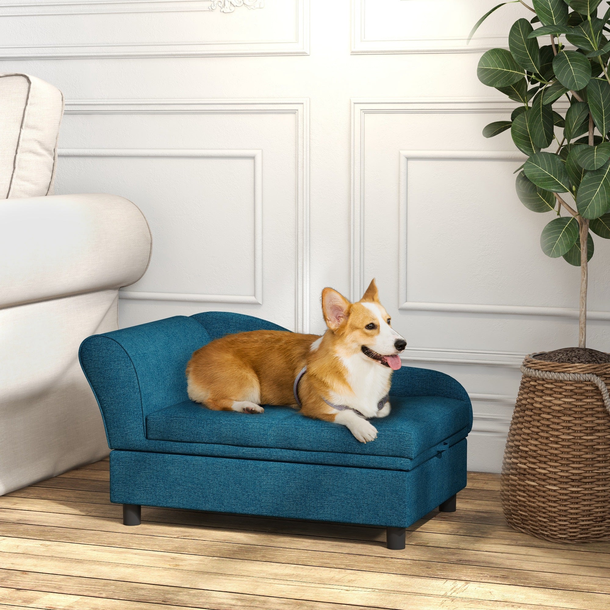 PawHut Pet Sofa, Dog Couch, Elevated Pet Bed for Small Dogs, with Hidden Storage, Soft Tufted Cushion, Dark Blue