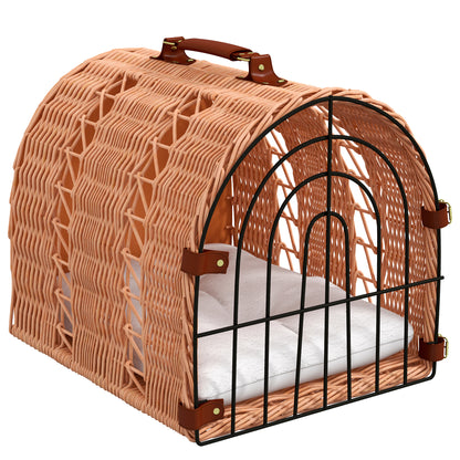 PawHut Wicker Cat Carrier Basket Kitten Bed Portable Pet Caves Houses w/ Soft Cushion 37 x 28 x 29 cm Orange