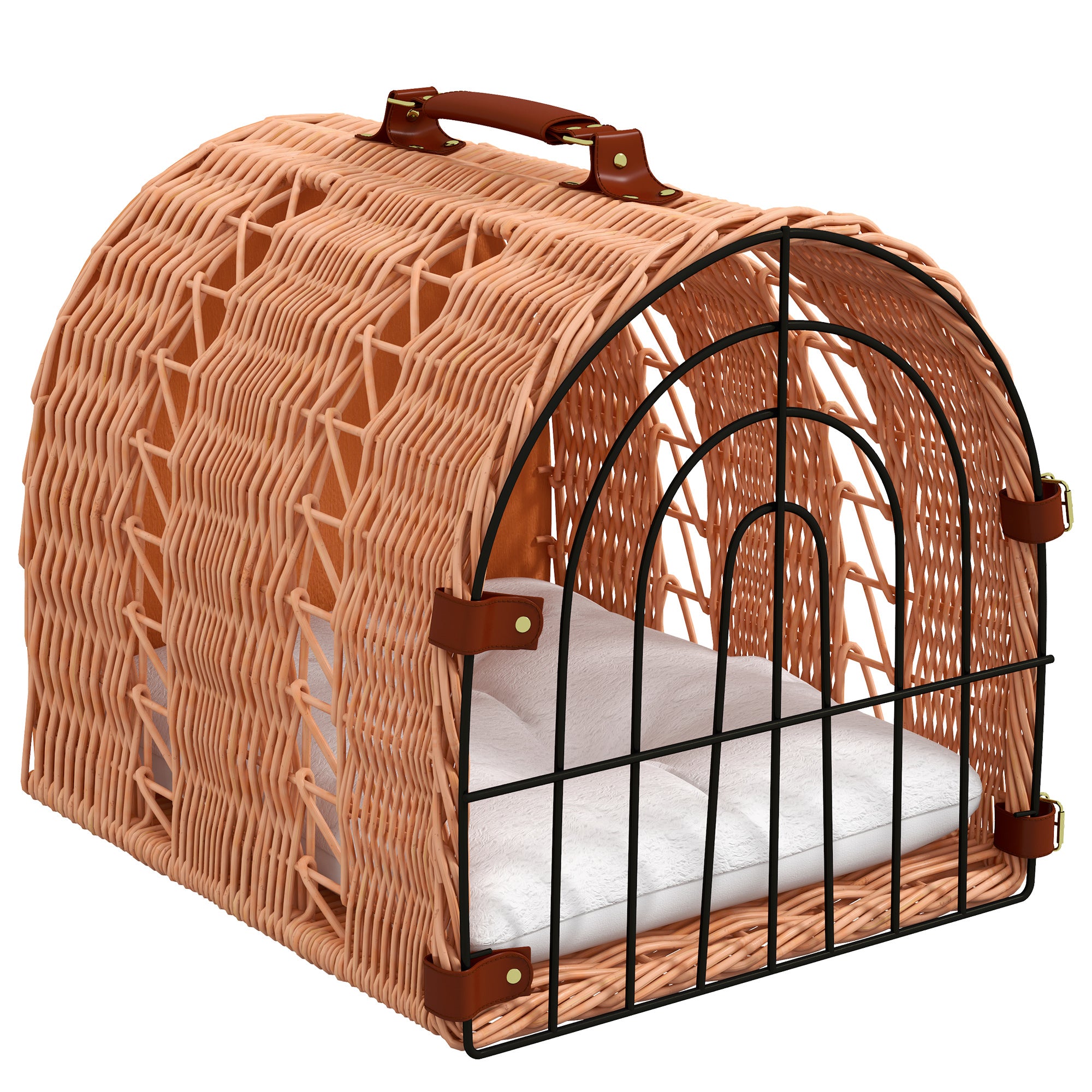 PawHut Wicker Cat Carrier Basket Kitten Bed Portable Pet Caves Houses w/ Soft Cushion 37 x 28 x 29 cm Orange