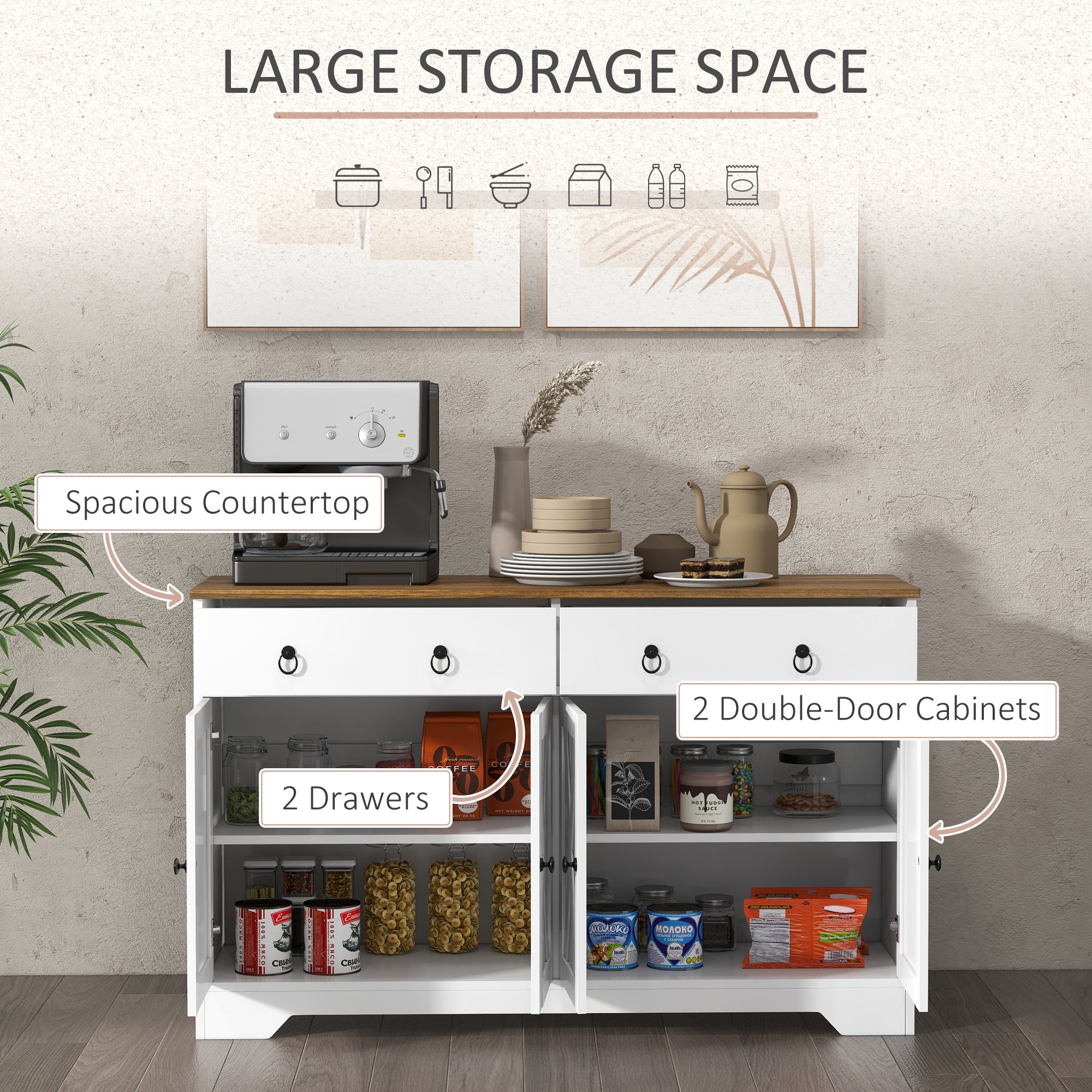HOMCOM Sideboard Buffet Cabinet with Storage, 48" Kitchen Cabinet with 2 Drawers and 4 Barn Doors, Farmhouse Coffee Bar Cabinet, White