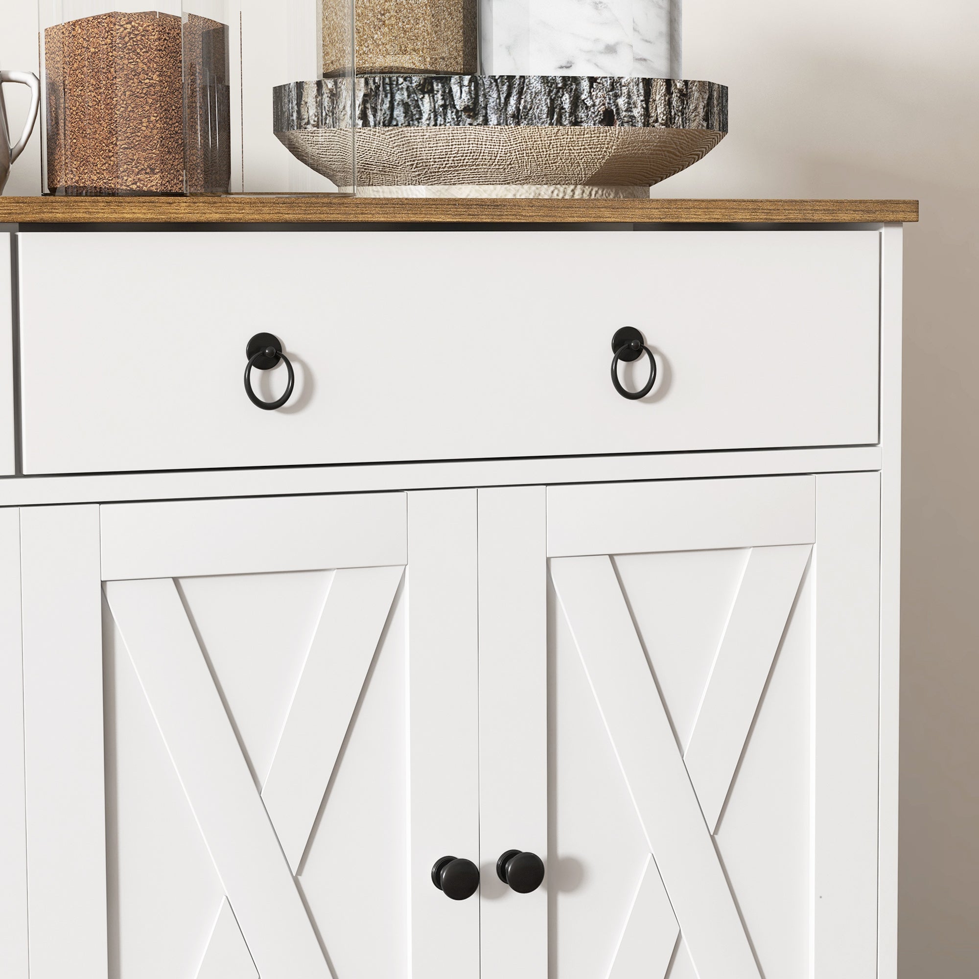 HOMCOM Sideboard Buffet Cabinet with Storage, 48" Kitchen Cabinet with 2 Drawers and 4 Barn Doors, Farmhouse Coffee Bar Cabinet, White