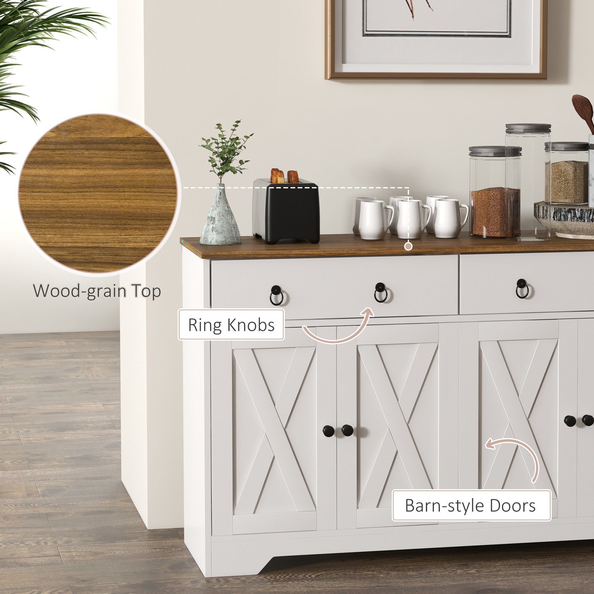 HOMCOM Sideboard Buffet Cabinet with Storage, 48" Kitchen Cabinet with 2 Drawers and 4 Barn Doors, Farmhouse Coffee Bar Cabinet, White