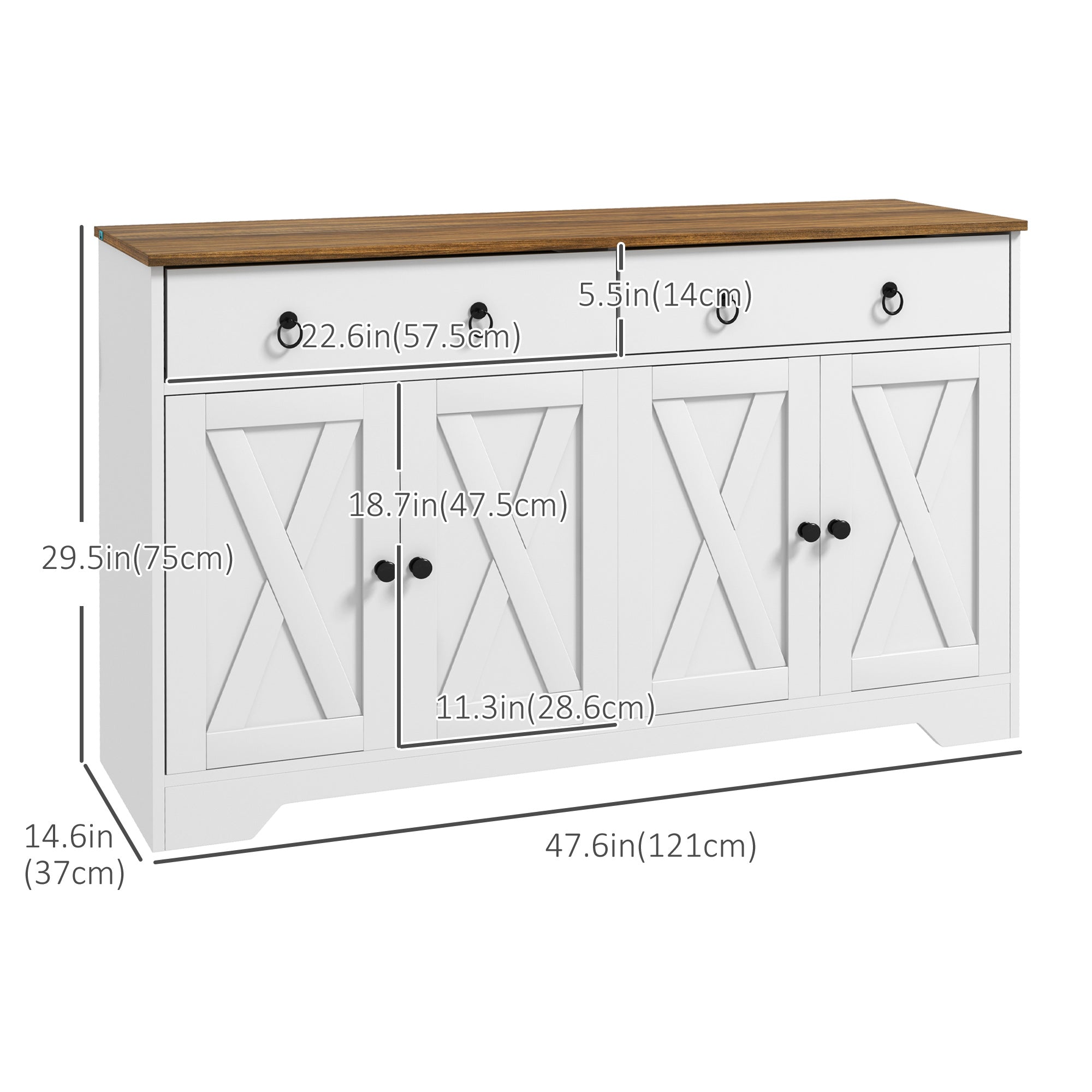HOMCOM Sideboard Buffet Cabinet with Storage, 48" Kitchen Cabinet with 2 Drawers and 4 Barn Doors, Farmhouse Coffee Bar Cabinet, White