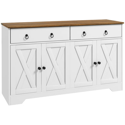 HOMCOM Sideboard Buffet Cabinet with Storage, 48" Kitchen Cabinet with 2 Drawers and 4 Barn Doors, Farmhouse Coffee Bar Cabinet, White